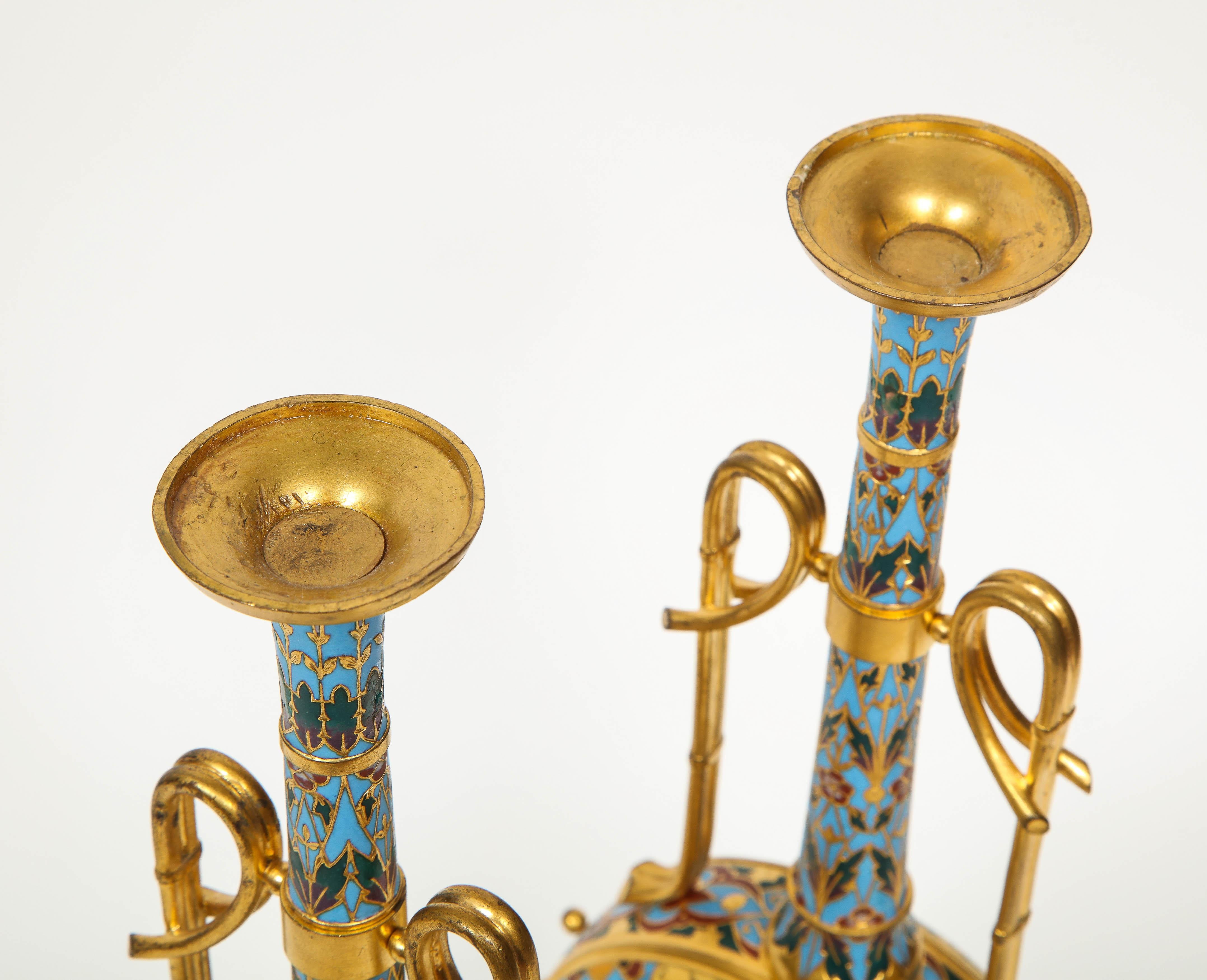 Extremely Rare Pair of Ferdinand Barbedienne Ormolu and Champlevé Enamel Vases For Sale 10
