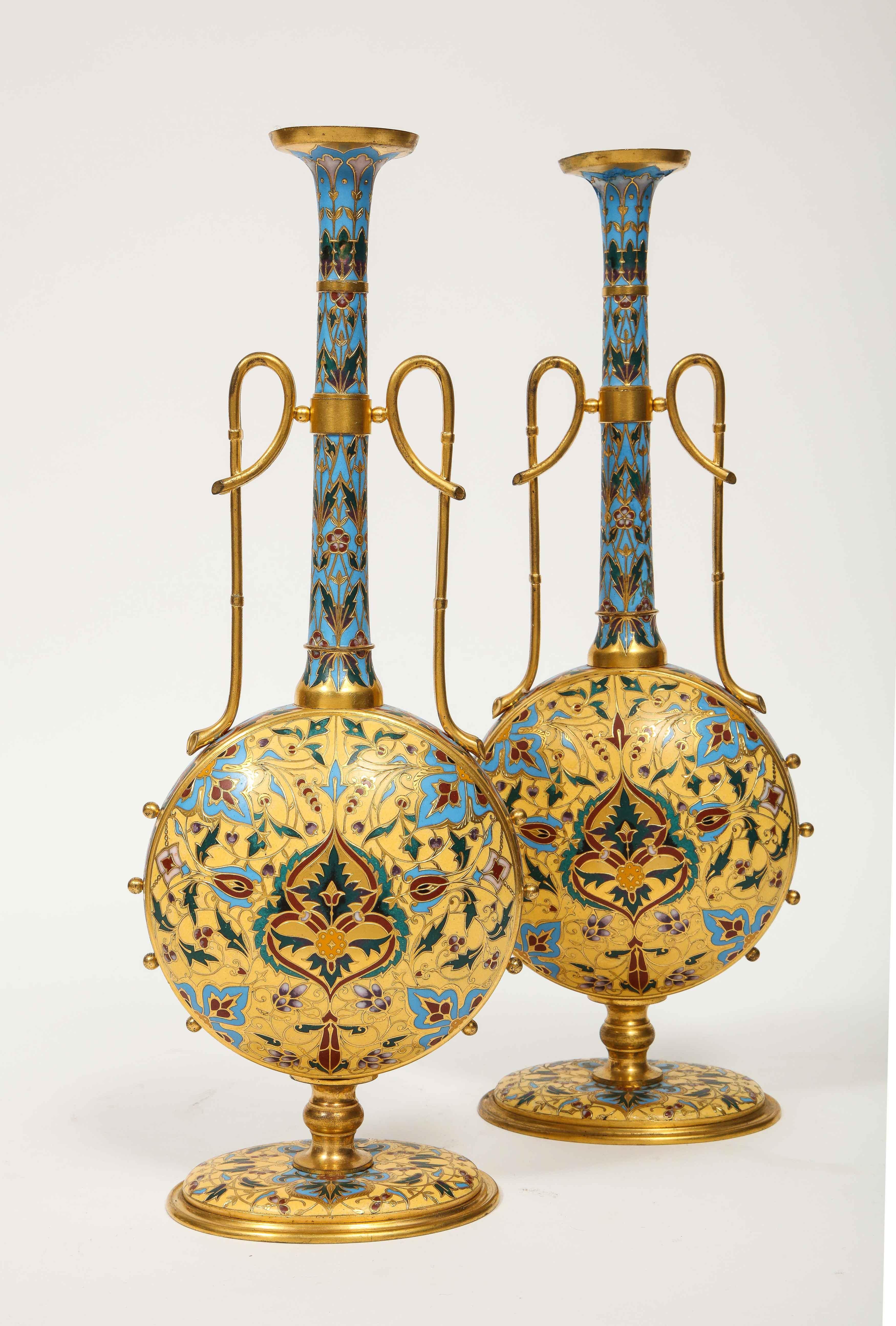 Napoleon III Extremely Rare Pair of Ferdinand Barbedienne Ormolu and Champlevé Enamel Vases For Sale