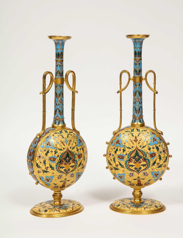 French Extremely Rare Pair of Ferdinand Barbedienne Ormolu and Champlevé Enamel Vases For Sale