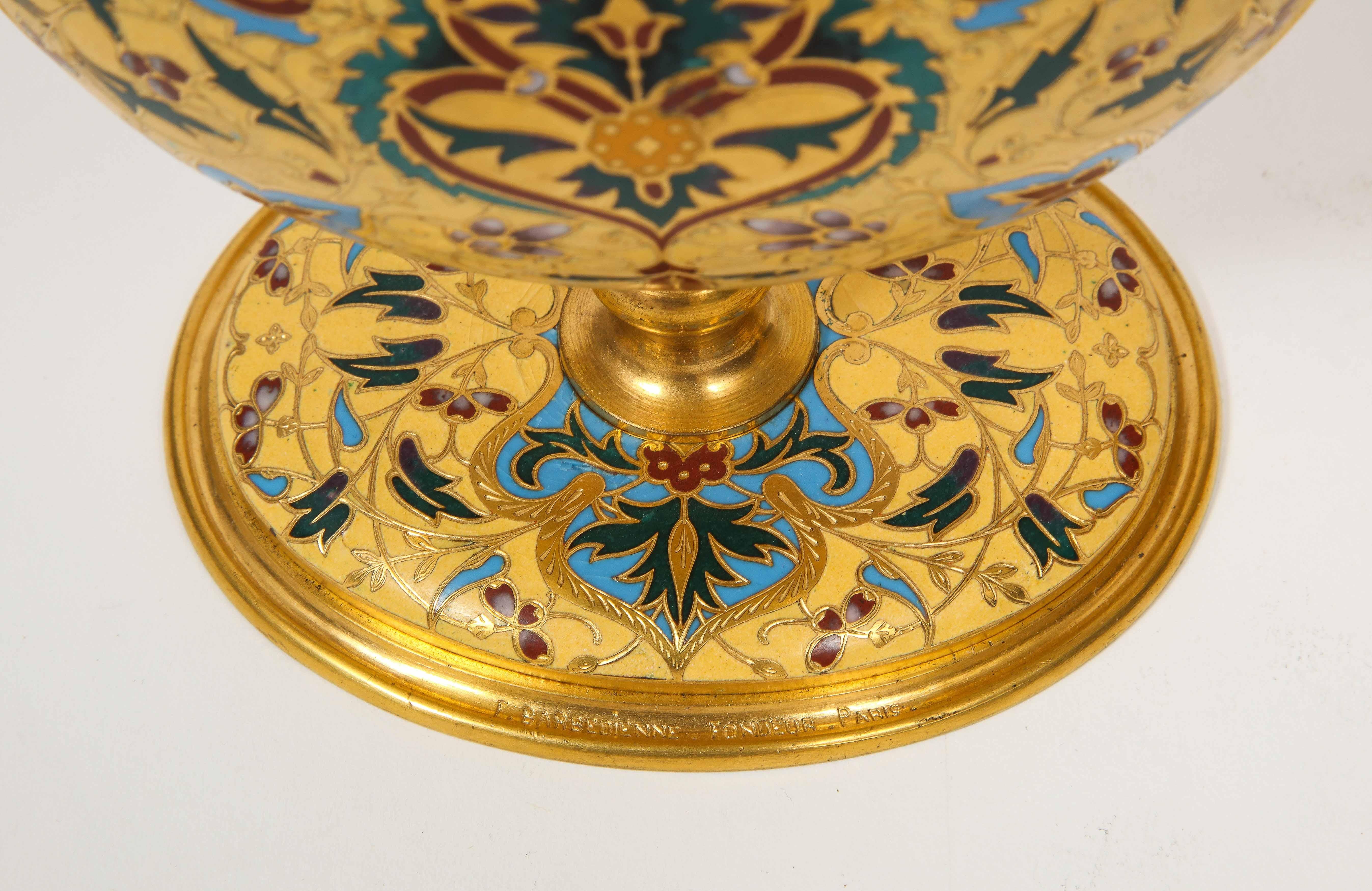 Extremely Rare Pair of Ferdinand Barbedienne Ormolu and Champlevé Enamel Vases For Sale 2