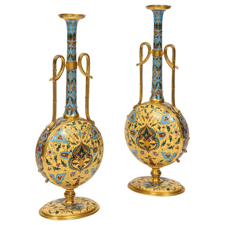 Extremely Rare Pair of Ferdinand Barbedienne Ormolu and Champlevé Enamel Vases For Sale