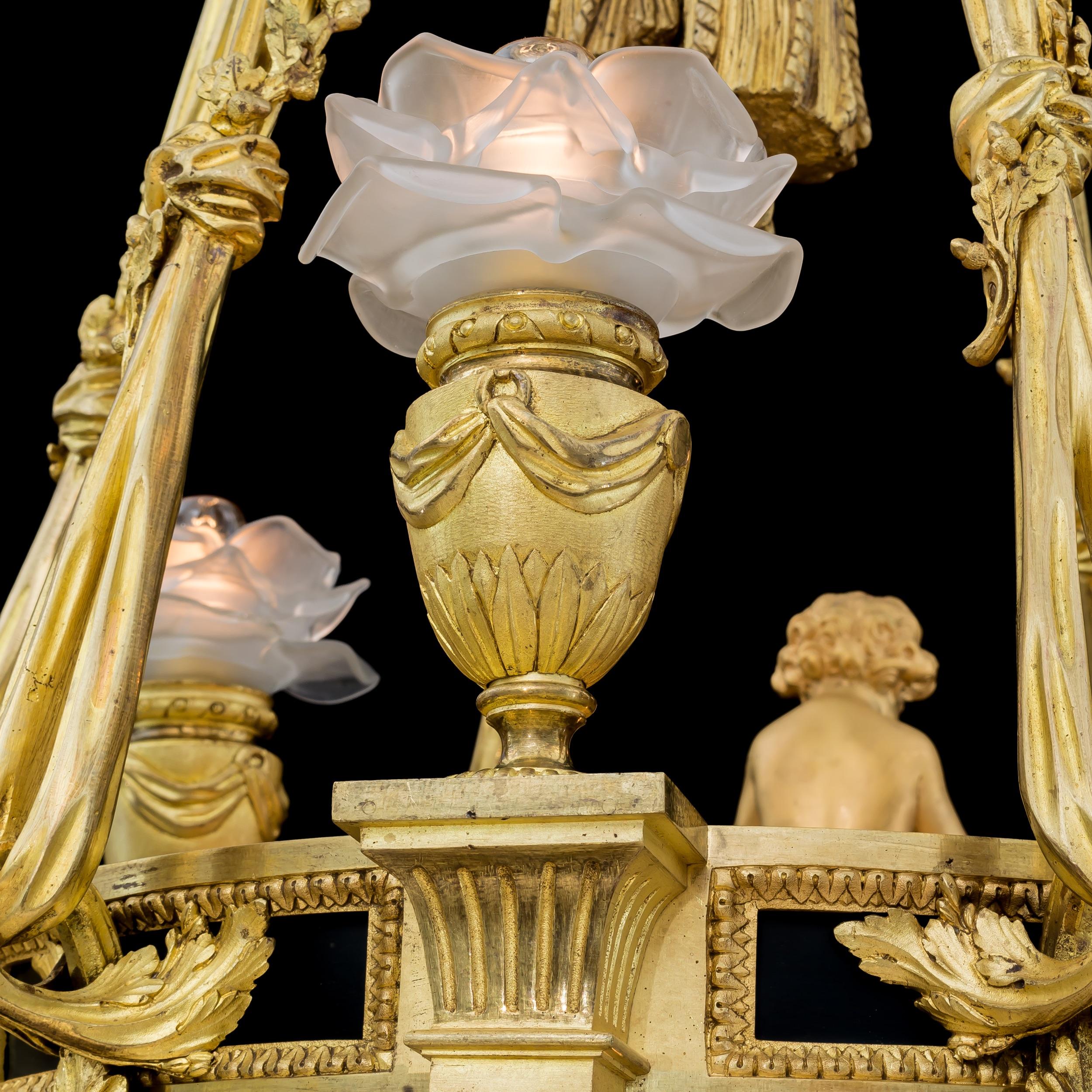 Extremely Rare Pair of Ormolu and Crystal Chandeliers in the Louis XVI Style For Sale 5