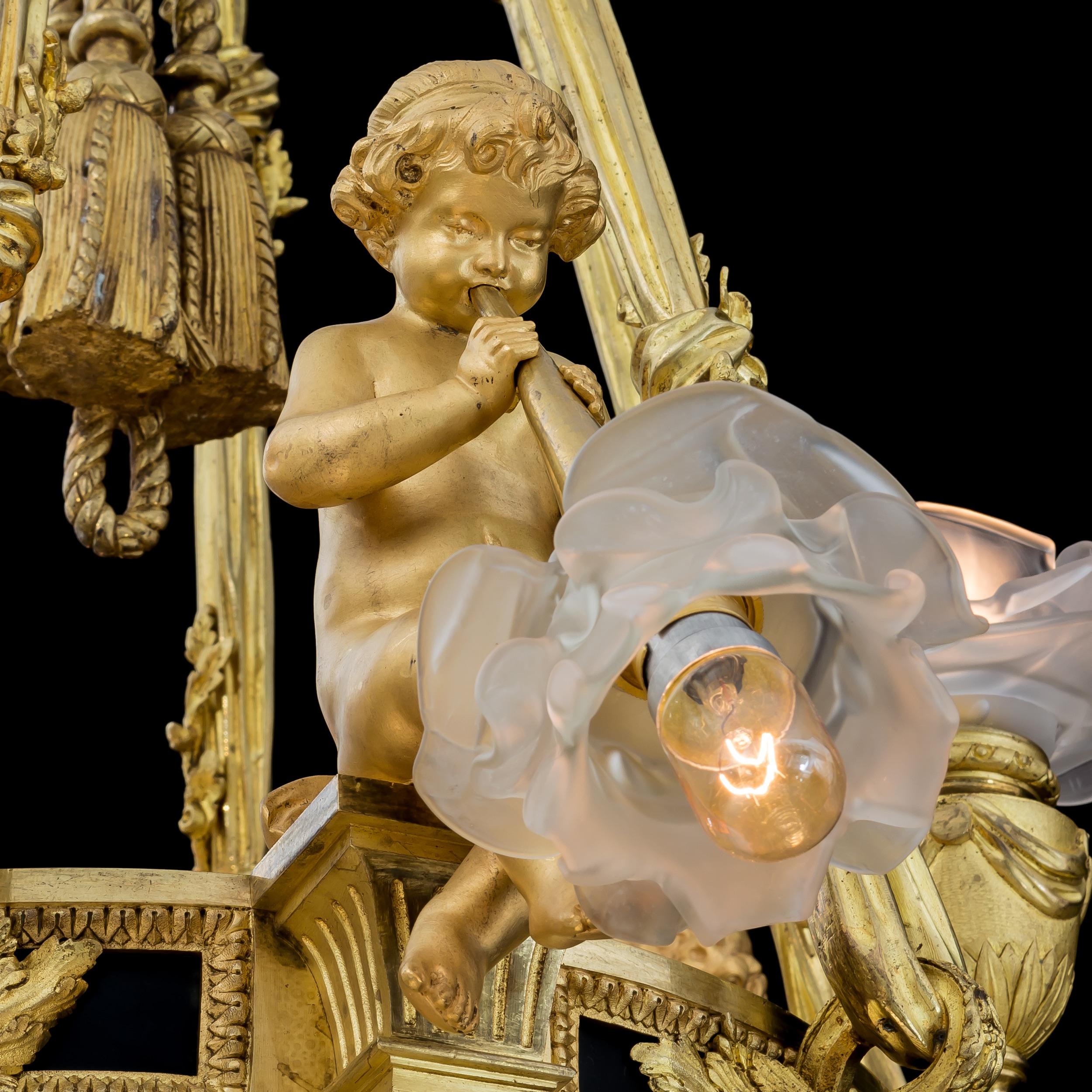 Extremely Rare Pair of Ormolu and Crystal Chandeliers in the Louis XVI Style For Sale 6