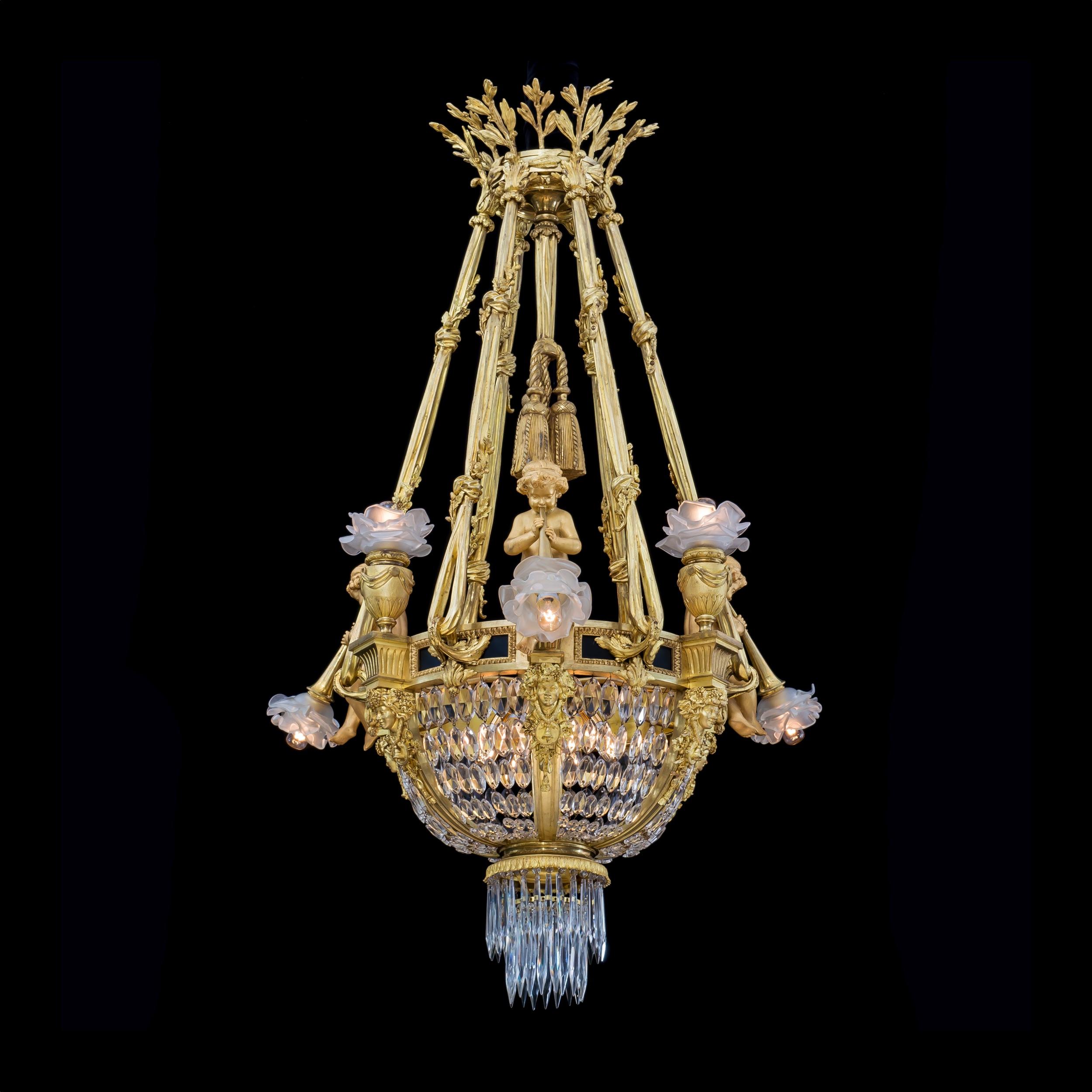French Extremely Rare Pair of Ormolu and Crystal Chandeliers in the Louis XVI Style For Sale