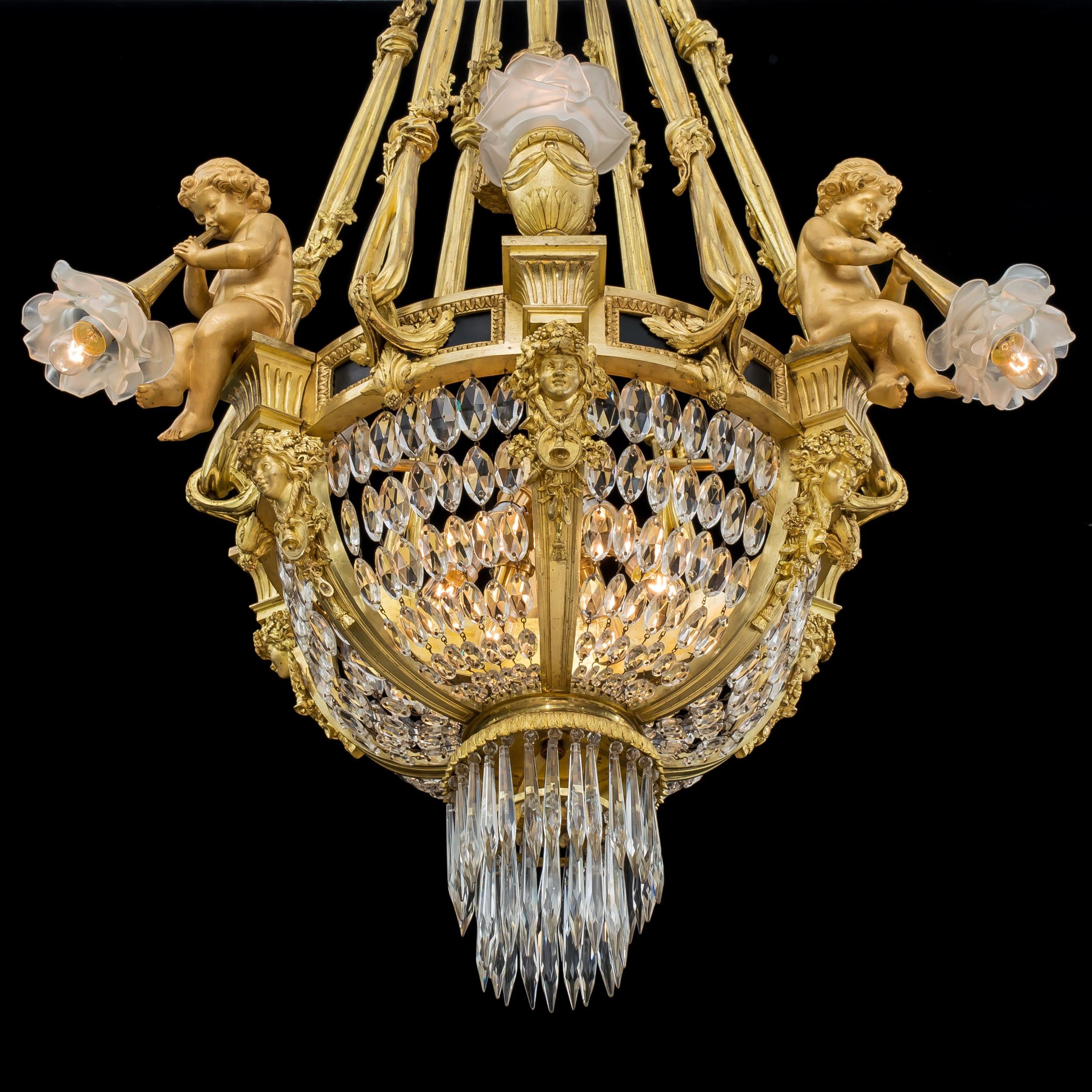 Extremely Rare Pair of Ormolu and Crystal Chandeliers in the Louis XVI Style In Good Condition For Sale In London, GB