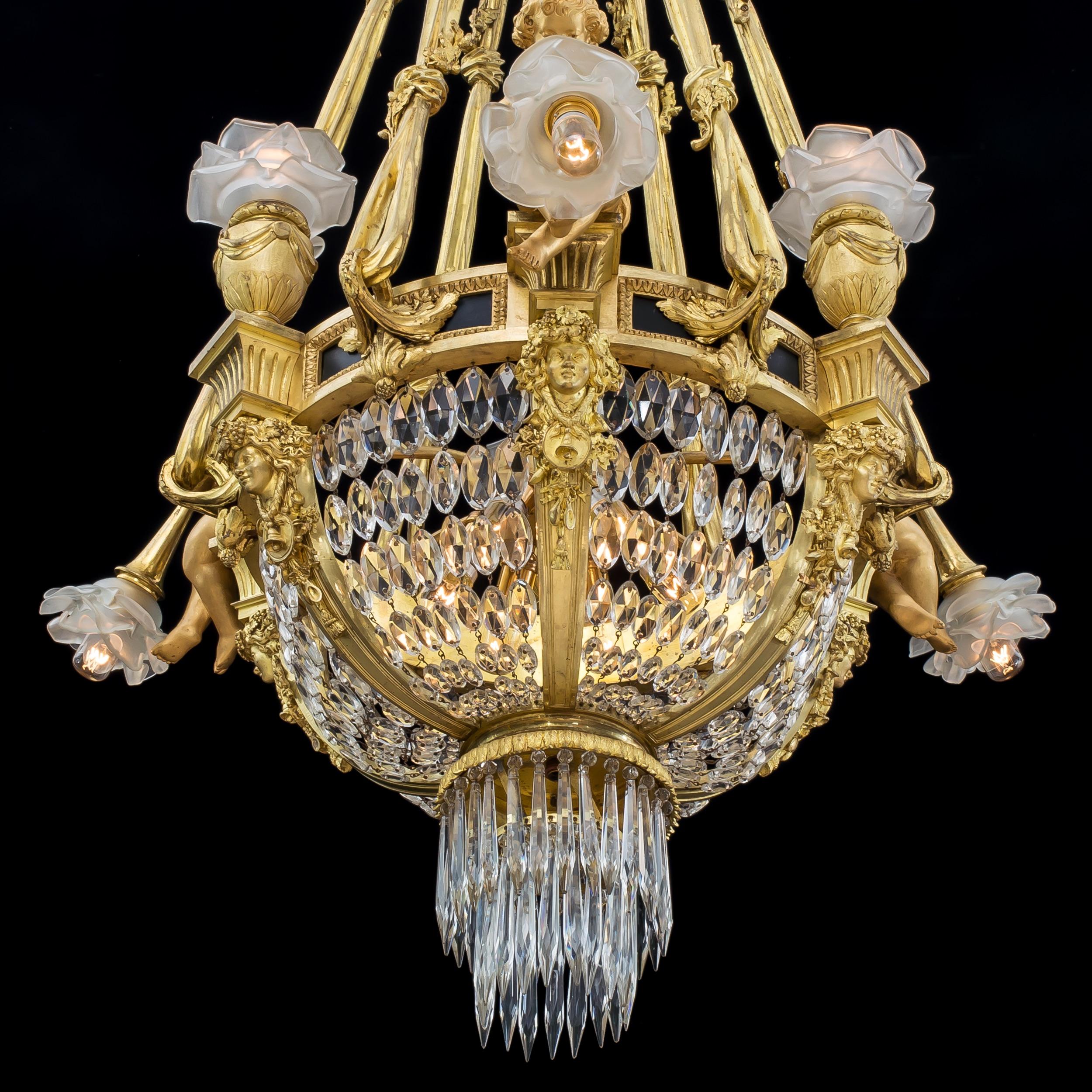 Extremely Rare Pair of Ormolu and Crystal Chandeliers in the Louis XVI Style For Sale 1