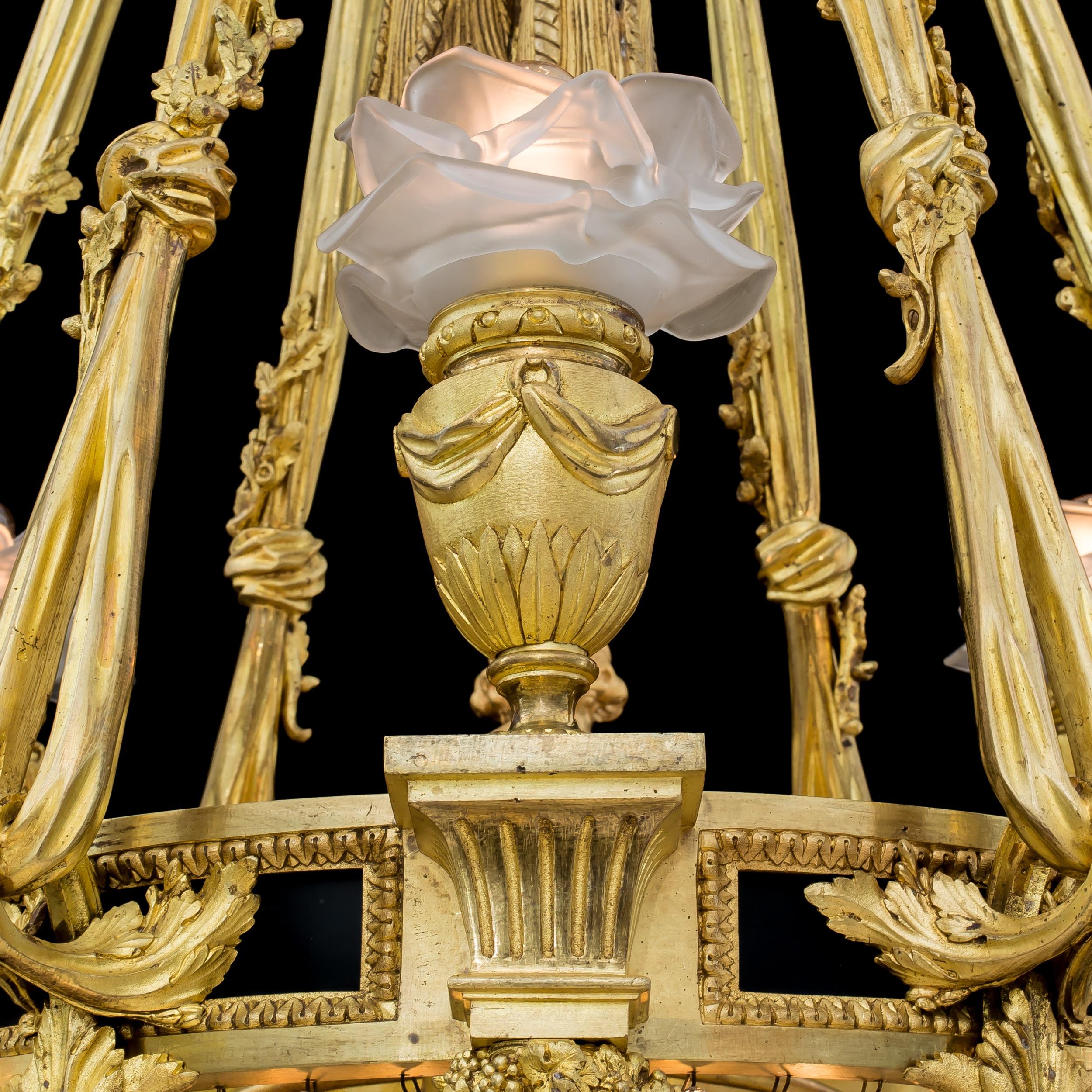 Extremely Rare Pair of Ormolu and Crystal Chandeliers in the Louis XVI Style For Sale 4