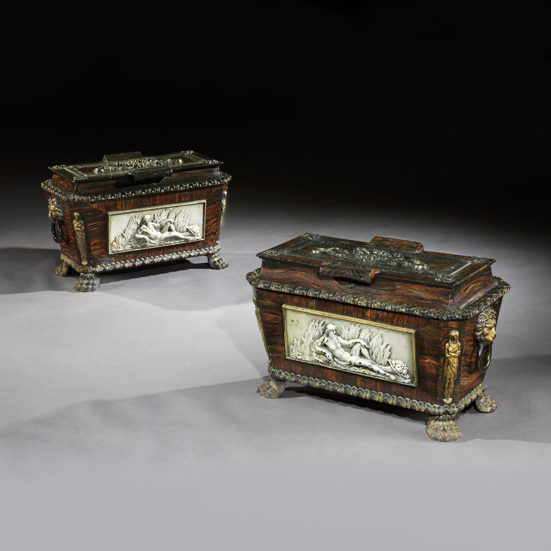 Äußerst seltenes Paar gusseiserner Sarkophag-Schatulle im Regency-Stil in Form einer starken Schachtel im Angebot 4