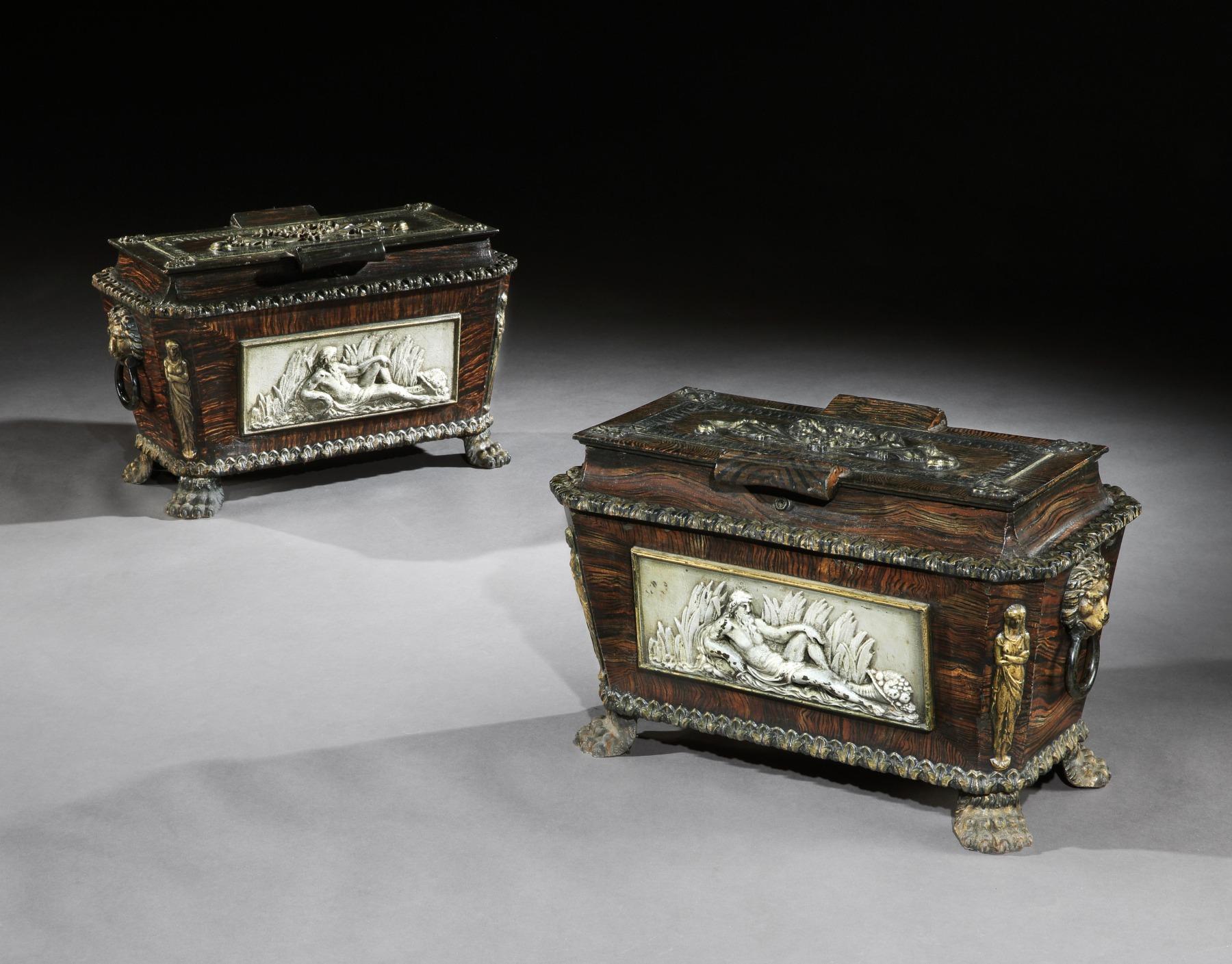 Äußerst seltenes Paar gusseiserner Sarkophag-Schatulle im Regency-Stil in Form einer starken Schachtel im Angebot 2