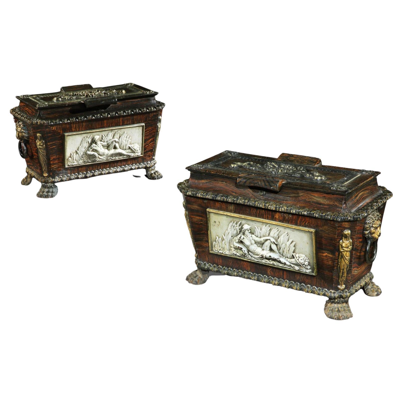 Äußerst seltenes Paar gusseiserner Sarkophag-Schatulle im Regency-Stil in Form einer starken Schachtel im Angebot