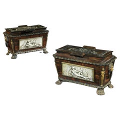 Extremely Rare Pair of Regency Cast-Iron Sarcophagus Shaped Strong Boxes