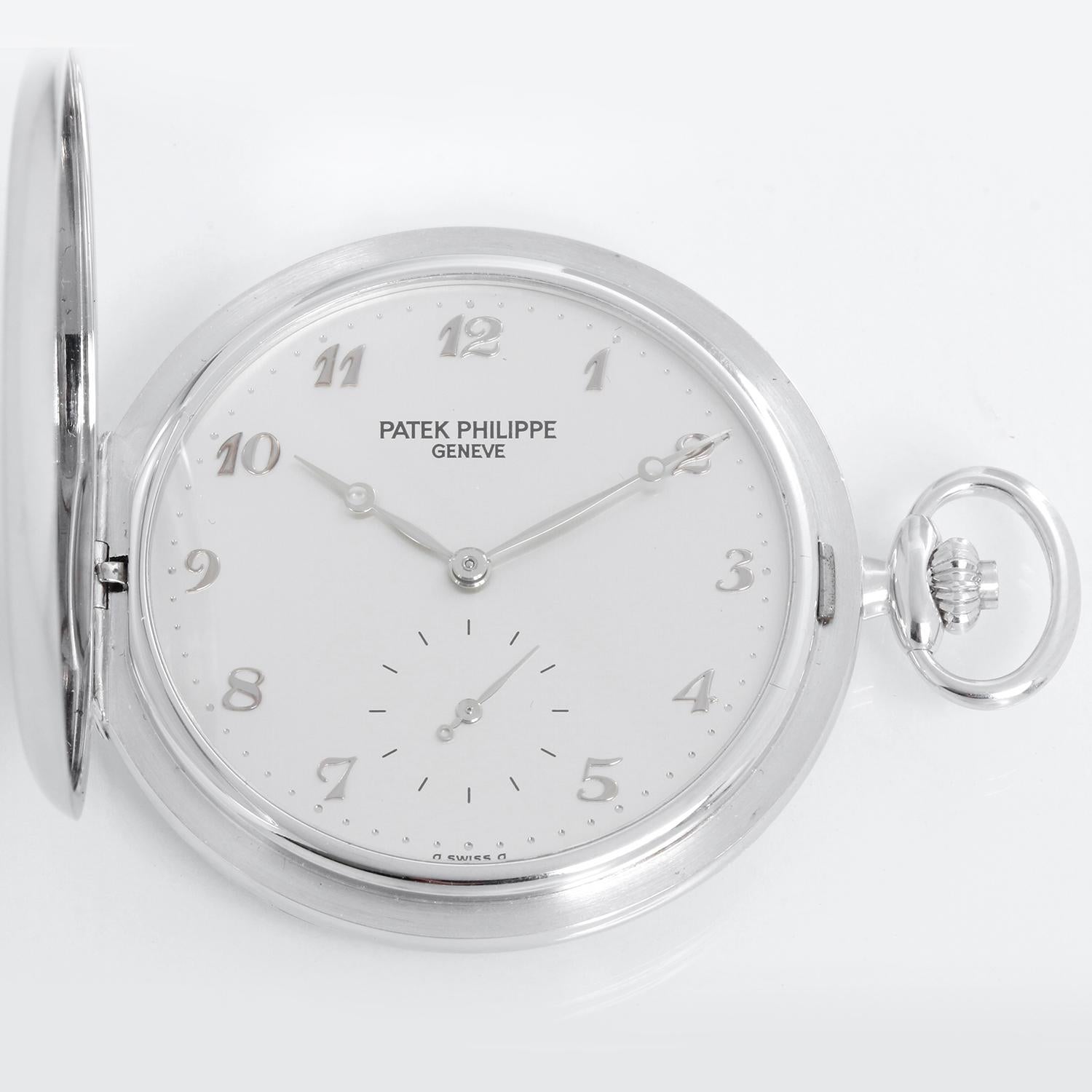 Extremely Rare Patek Philippe Heavy Hunter Case 18K White Gold Pocket Watch 980G - Manual winding. 18K White gold ( 48 mm ). Silver dial with applied white gold numerals. Comes as pictured with a matching 16-inch 18K white gold Patek Philippe marked