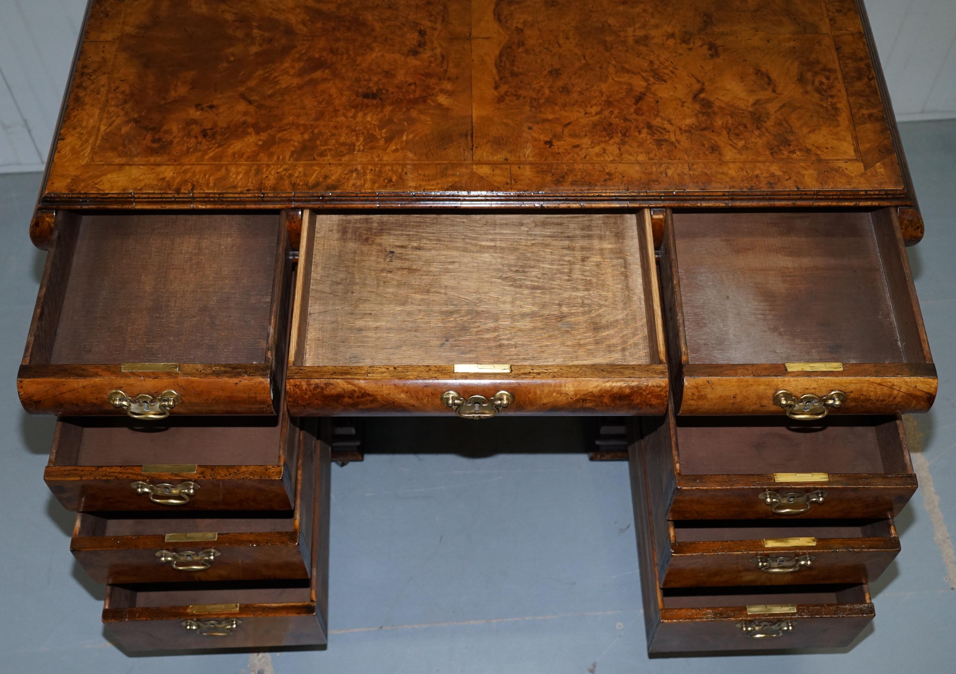 Extremely Rare Regency circa 1815 Solid Burr Walnut Curved Twin Pedestal Desk 11