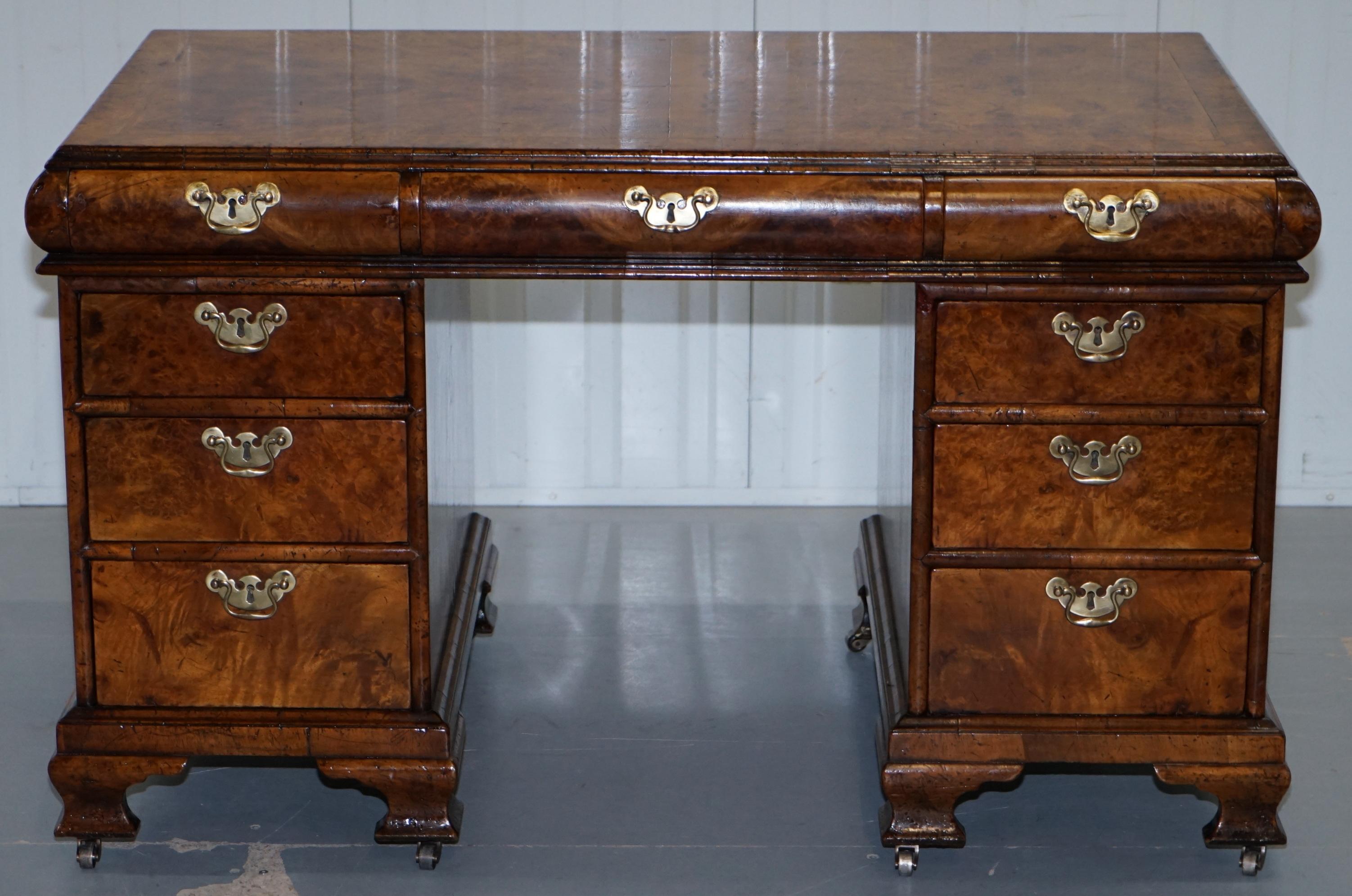 We are delighted to offer for sale this very rare circa 1815 Regency partner desk is glorious burl walnut

This desk is a tour de force of style class and design, its beautifully curved on all sides, the burl or burr (depending which part of the