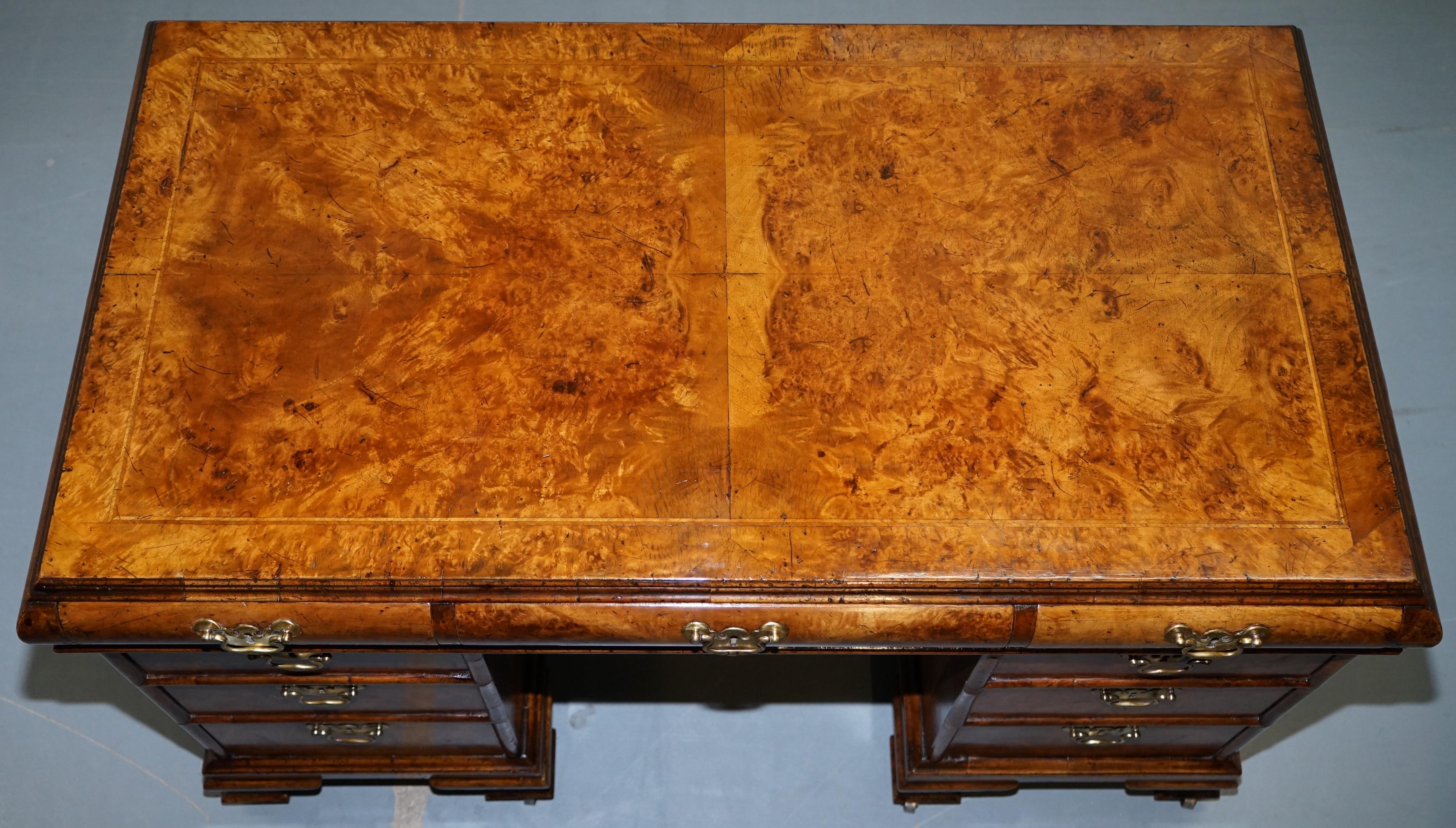Hand-Carved Extremely Rare Regency circa 1815 Solid Burr Walnut Curved Twin Pedestal Desk