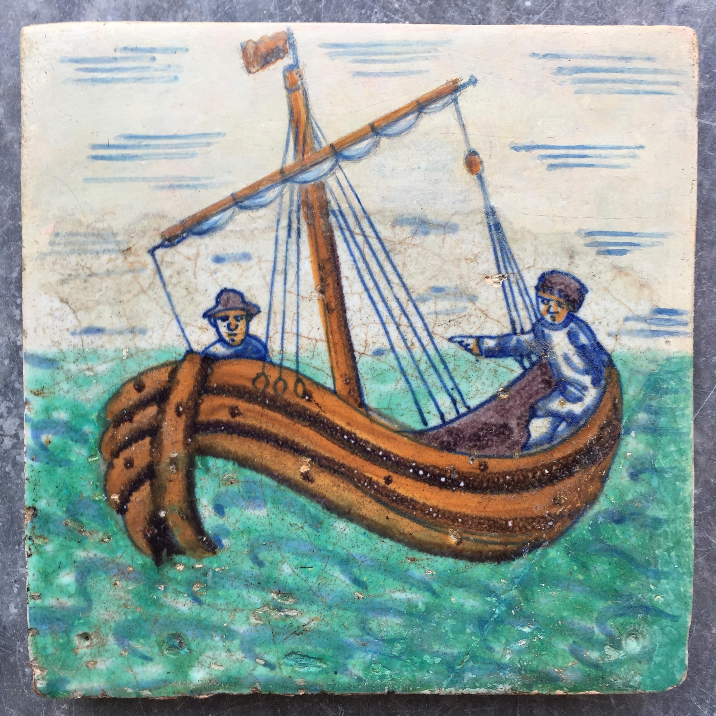 An extremely rare, so-called, Rotterdammer tile, with the decoration of a sailboat.

Country: The Netherlands
Place: Rotterdam
Date: circa 1615 - 1620
Workshop: Claes Wijtmans

This tile comes from one of the most rare and sought after tile