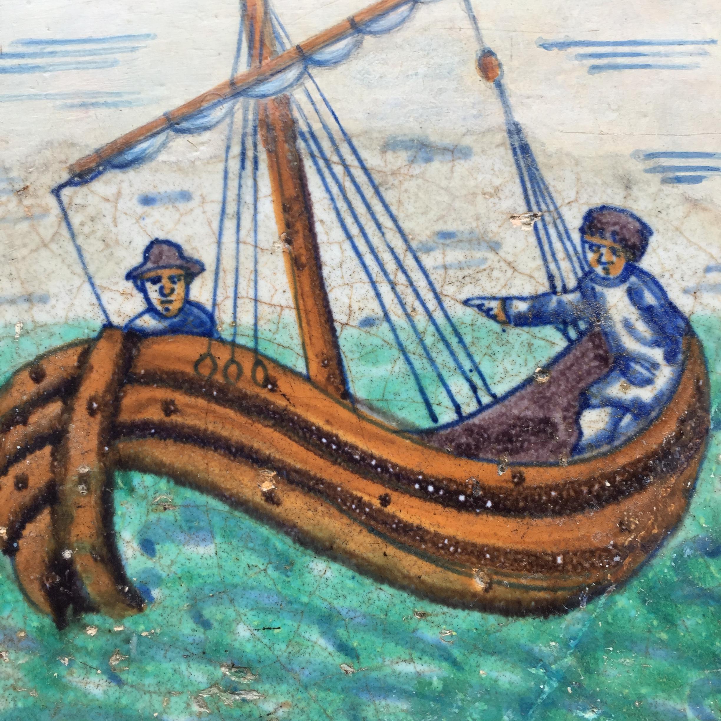 Extremely Rare Rotterdammer Tile with Two Men in a Boat, Early 17th Century In Distressed Condition For Sale In AMSTERDAM, NH