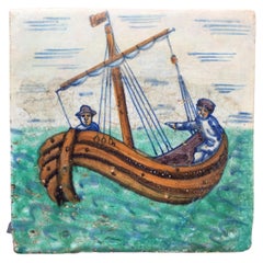 Extremely Rare Rotterdammer Tile with Two Men in a Boat, Early 17th Century