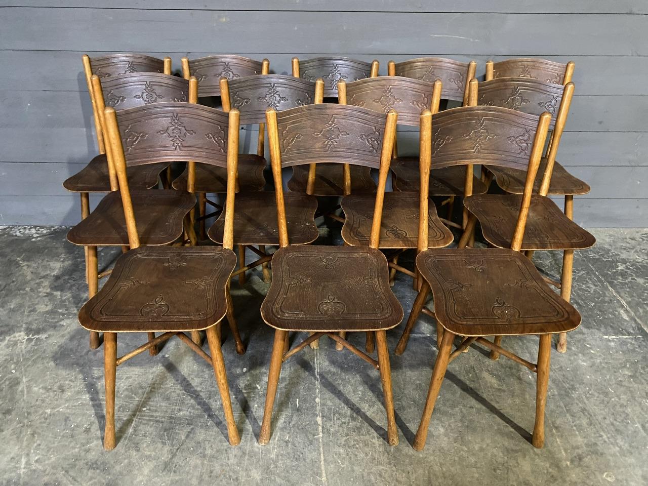 We are very pleased to be able to offer an extremely rare set of 12 Bentwood Bistro Dining Chairs by the renowned manufacturer J & J Kohn of Vienna Austria. 
Not only is a set of 12 impossible to find but also this is an extremely rare model that I