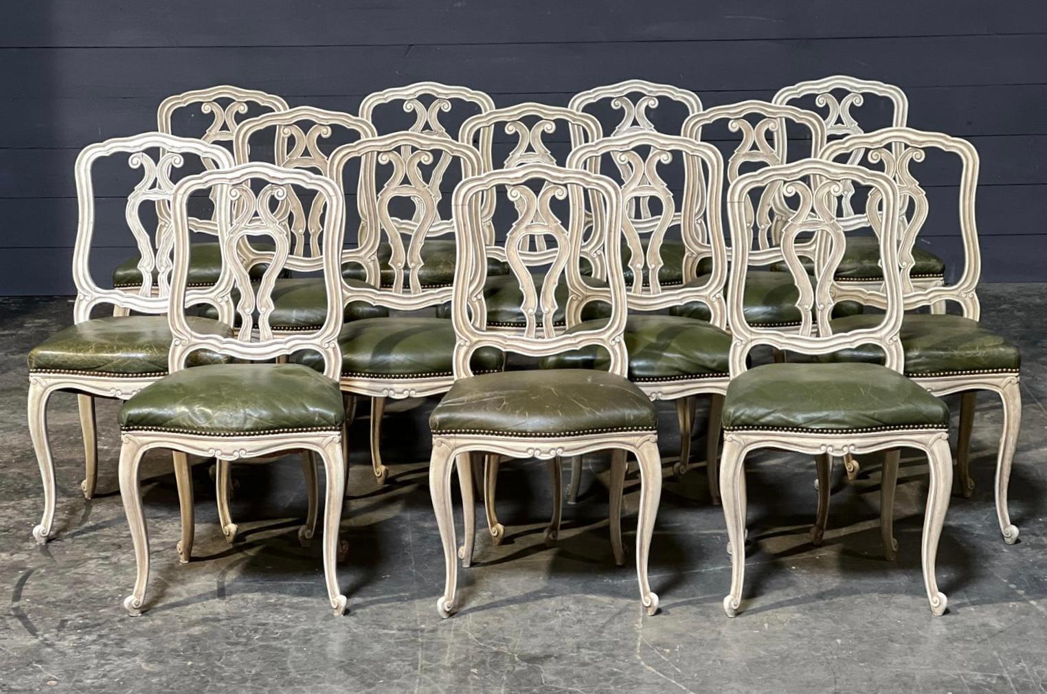 A very rare chance to acquire a Set of 16 French Dining Chairs. I say 16 but I have only photographed 14 as one of the chairs has a slightly warped frame, number 15 if perfect but it would have been an odd number ! So there are 15 good chairs and 1