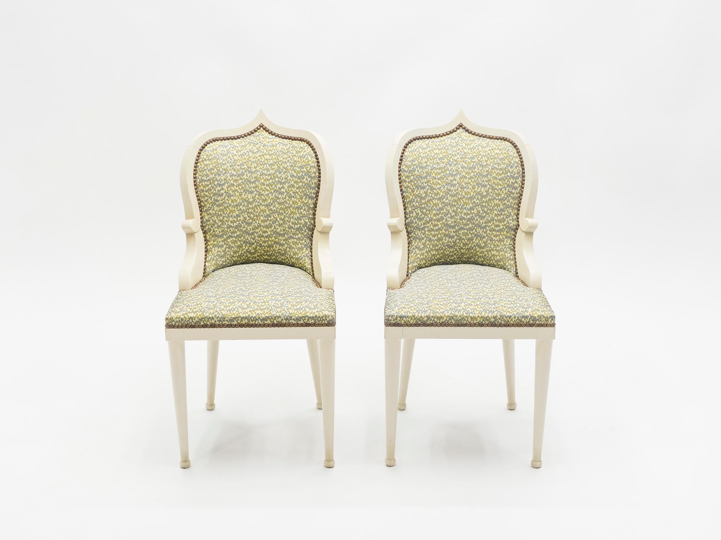 This is an incredibly rare set of 10 dining chairs by Elizabeth Garouste & Mattia Bonetti, model Palace, made in white cream painted solid oak. Garouste & Bonetti began their collaboration and gained global recognition for their interior design of