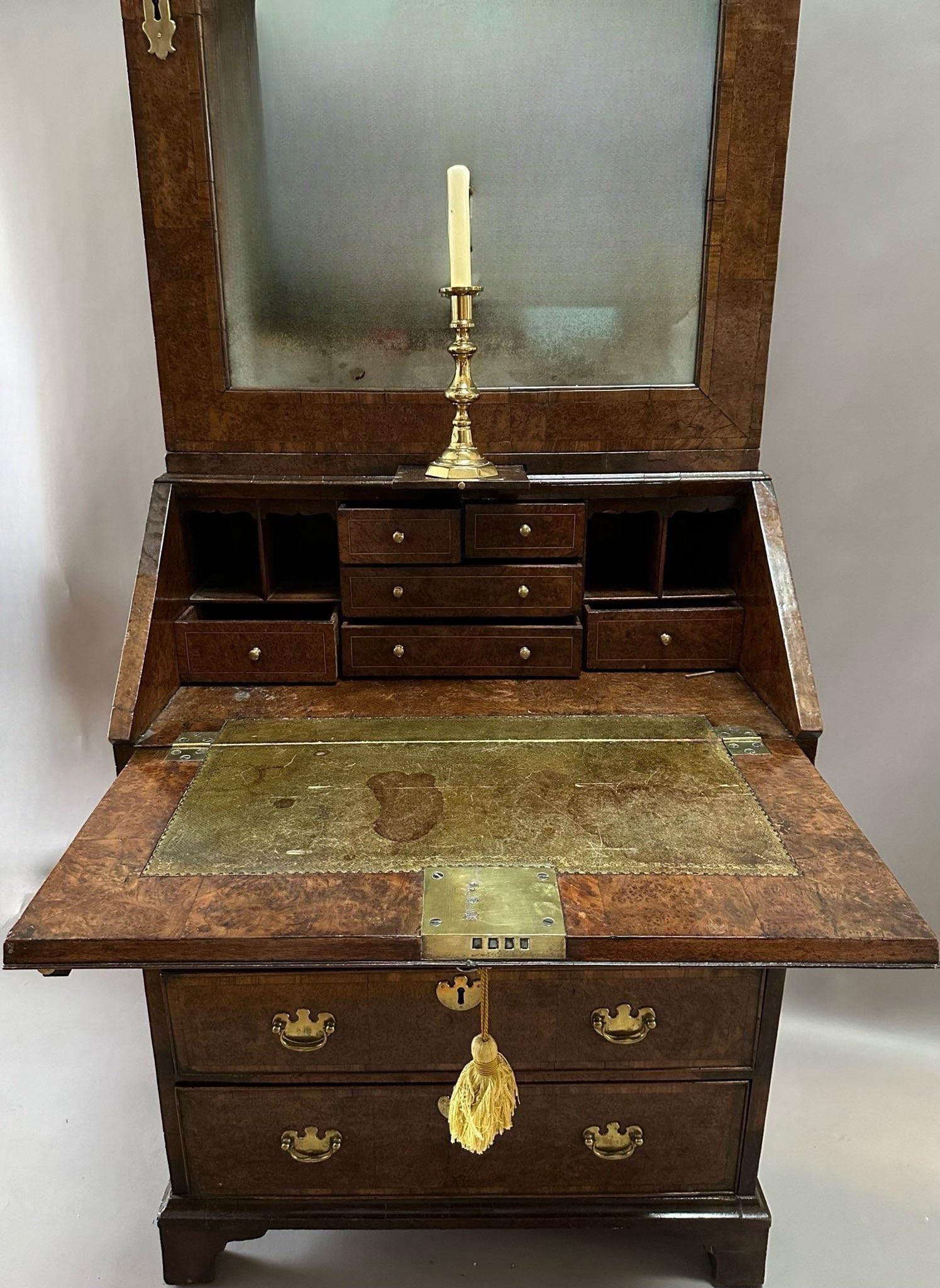 19th Century Extremely Rare Small Early 18th Century English Burled Yew Wood “Bureau Bookcase For Sale