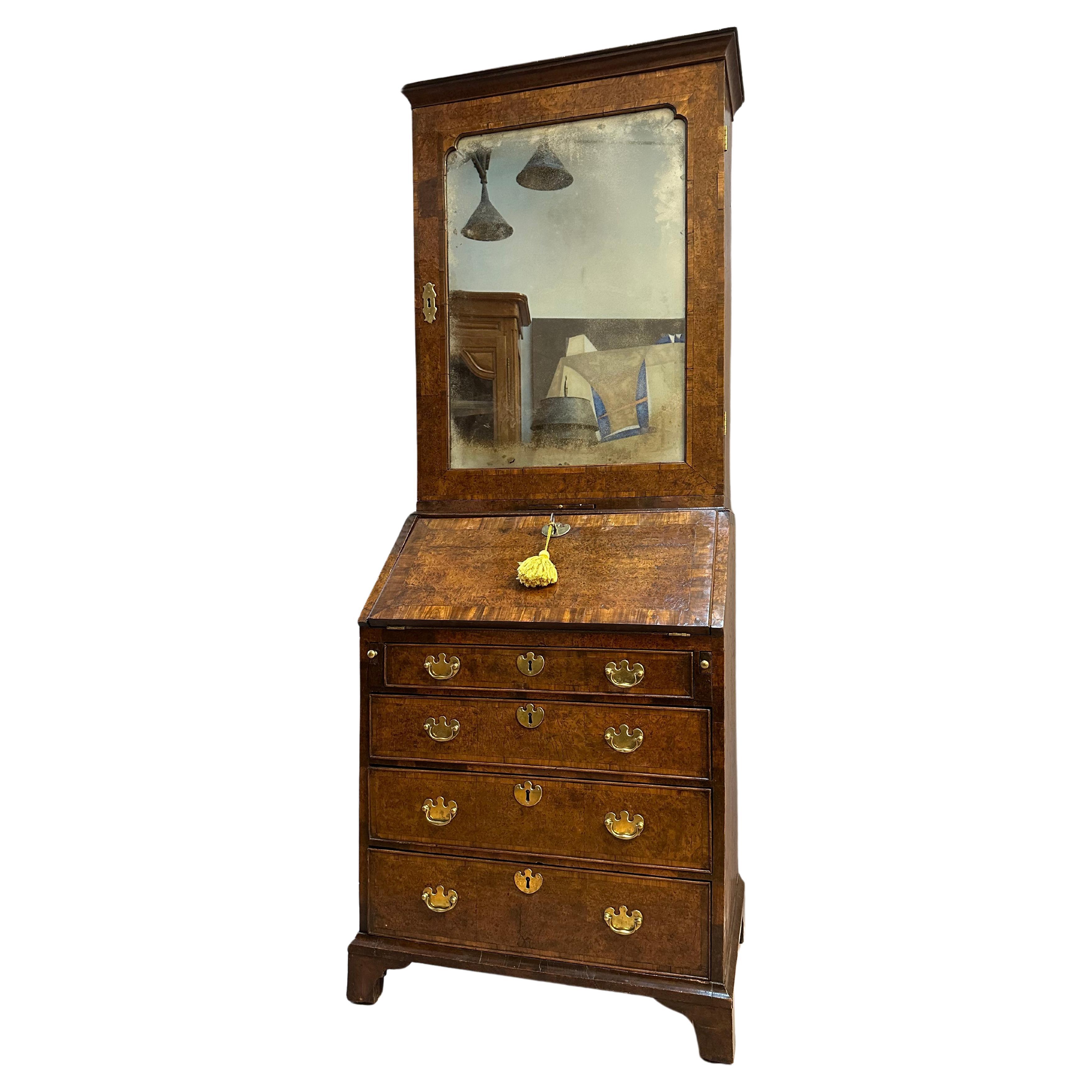 Extremely Rare Small Early 18th Century English Burled Yew Wood “Bureau Bookcase For Sale