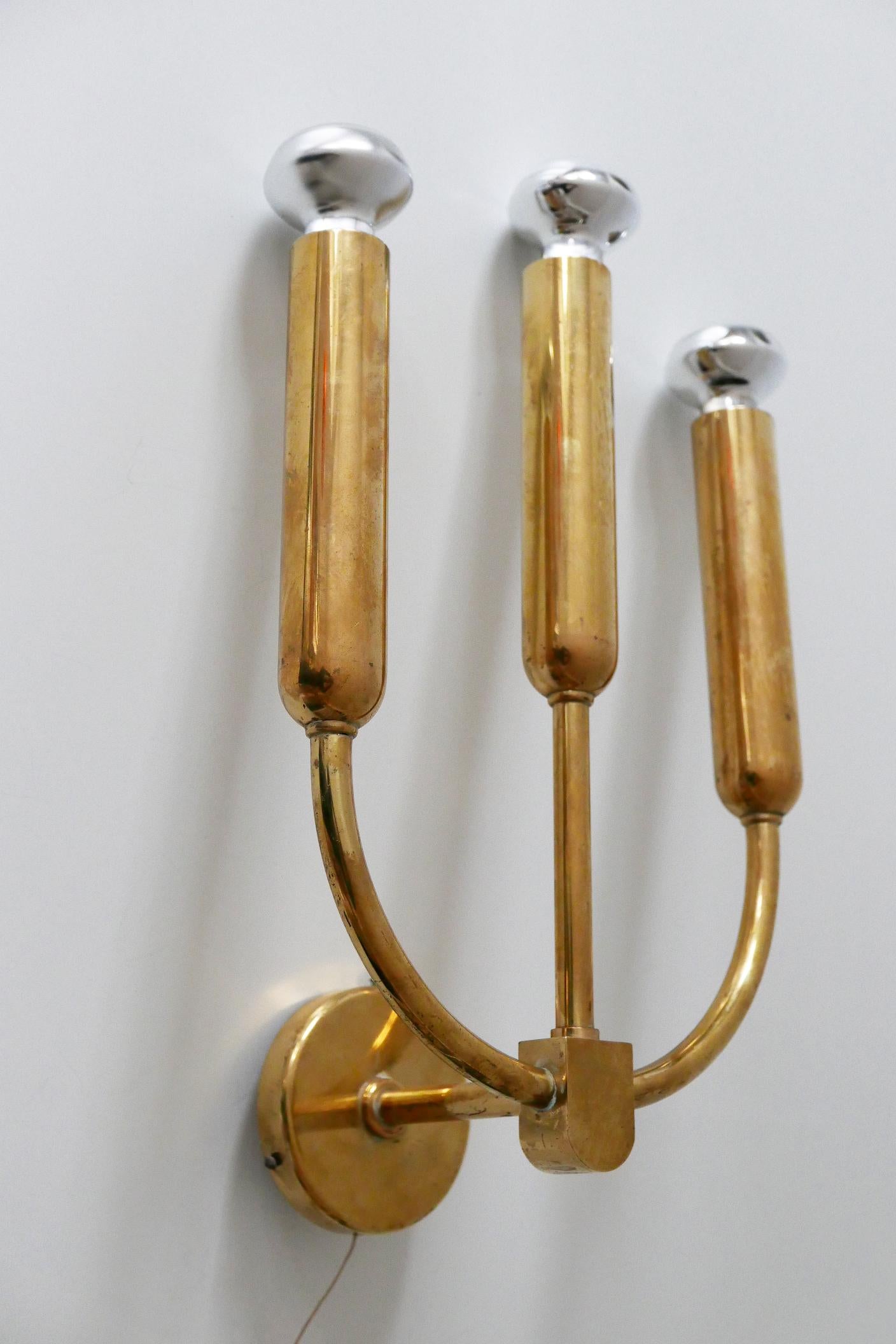 German Extremely Rare Three-Flamed Mid-Century Modern Brass Wall Lamp or Sconce, 1950s