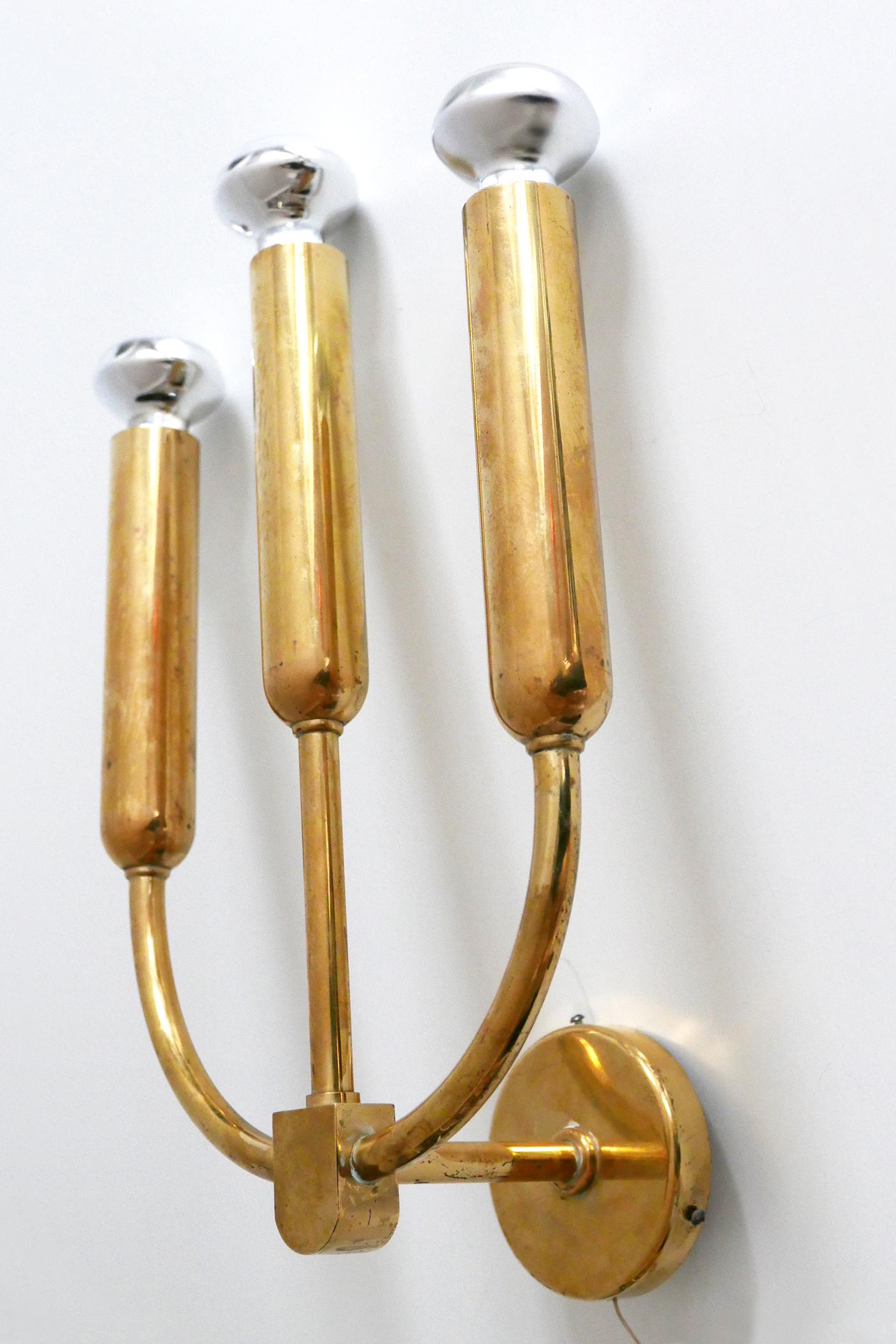 Mid-20th Century Extremely Rare Three-Flamed Mid-Century Modern Brass Wall Lamp or Sconce, 1950s