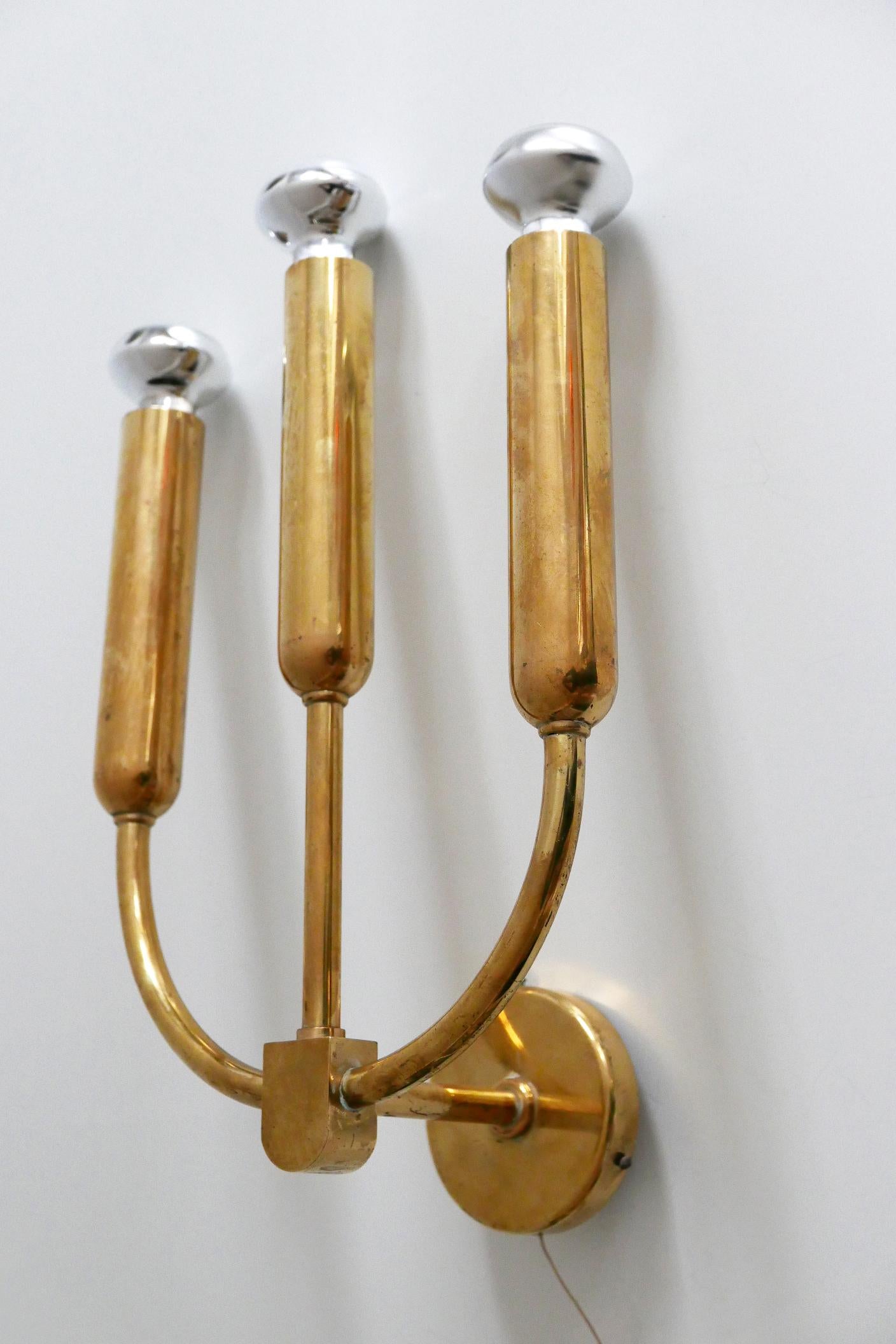 Extremely Rare Three-Flamed Mid-Century Modern Brass Wall Lamp or Sconce, 1950s 1