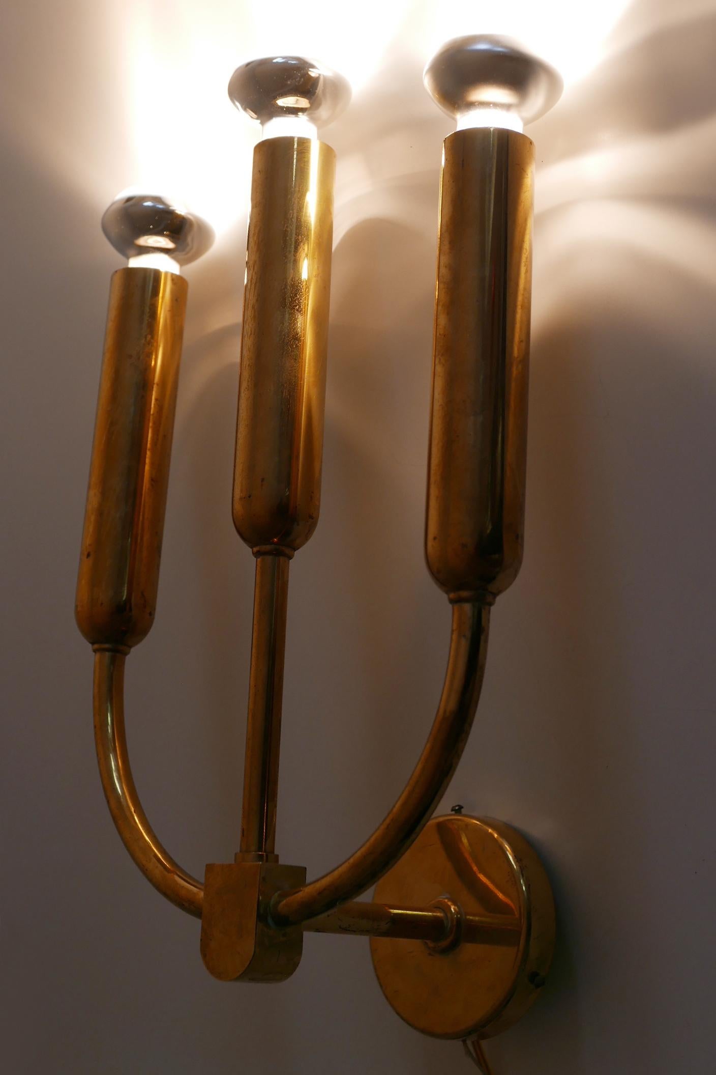 Extremely Rare Three-Flamed Mid-Century Modern Brass Wall Lamp or Sconce, 1950s 2