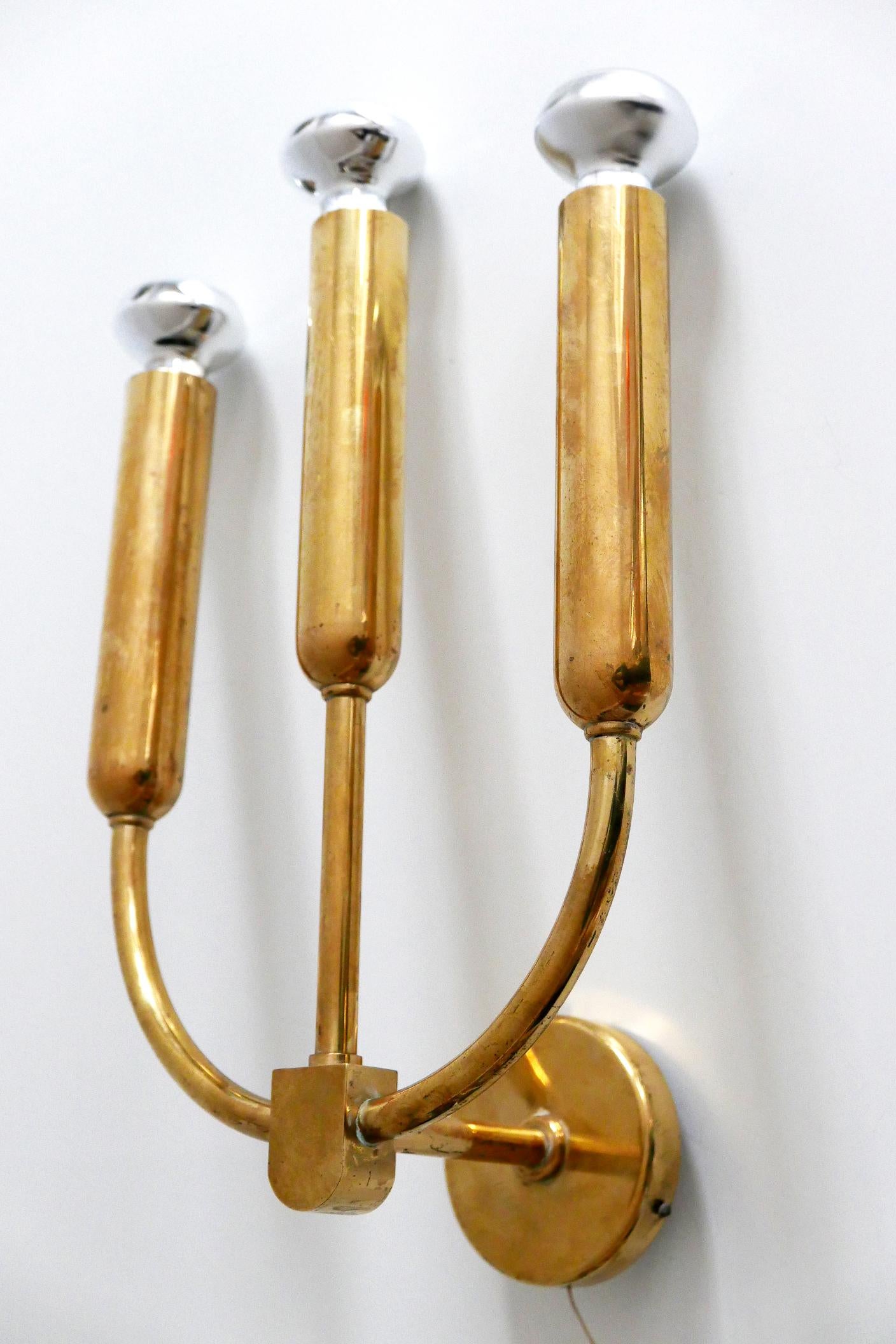 Extremely Rare Three-Flamed Mid-Century Modern Brass Wall Lamp or Sconce, 1950s 3