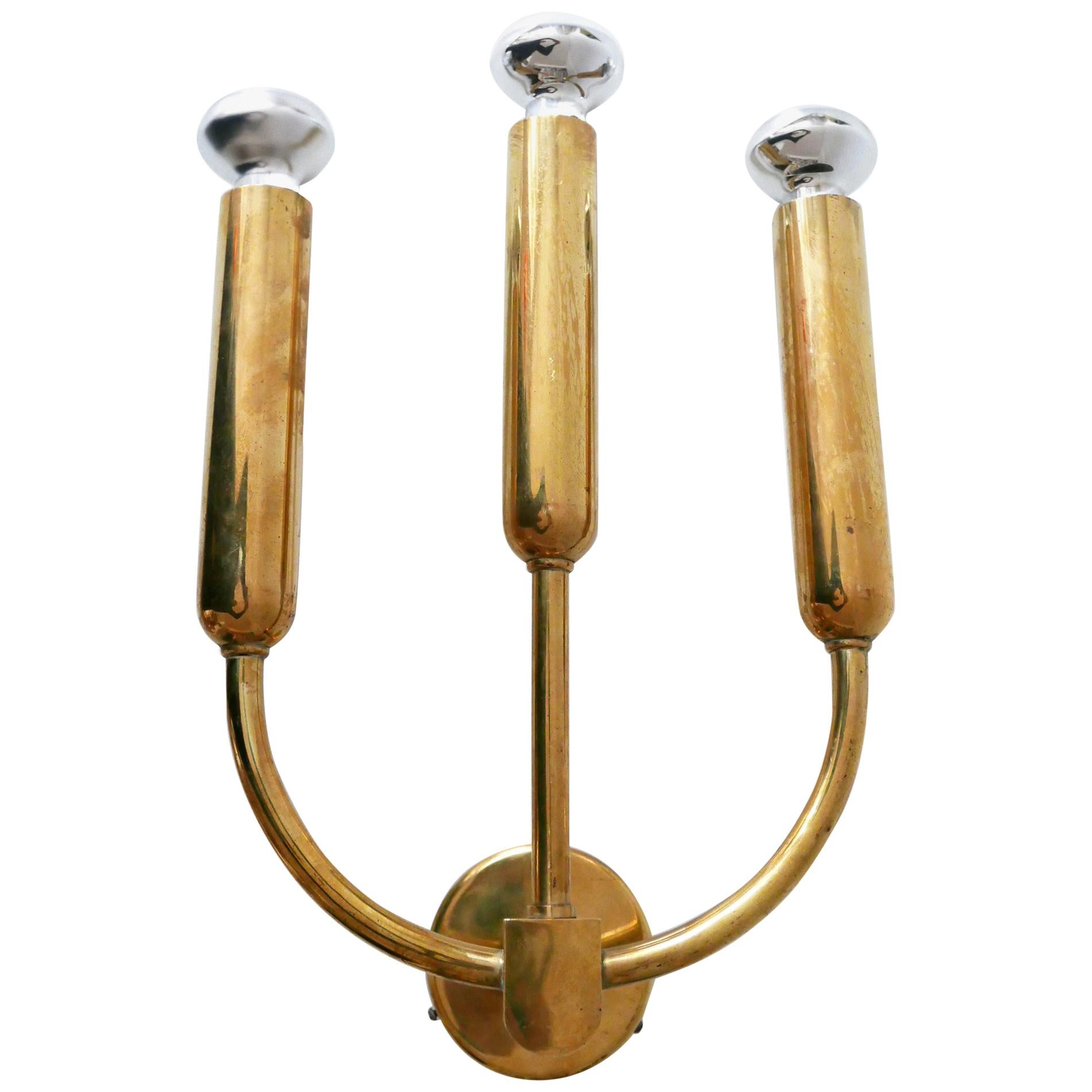 Extremely Rare Three-Flamed Mid-Century Modern Brass Wall Lamp or Sconce, 1950s