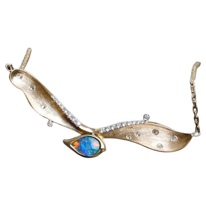 Extremely Rare Two Side Black Opal Seagull Wing Necklace & Diamond 18K Gold
