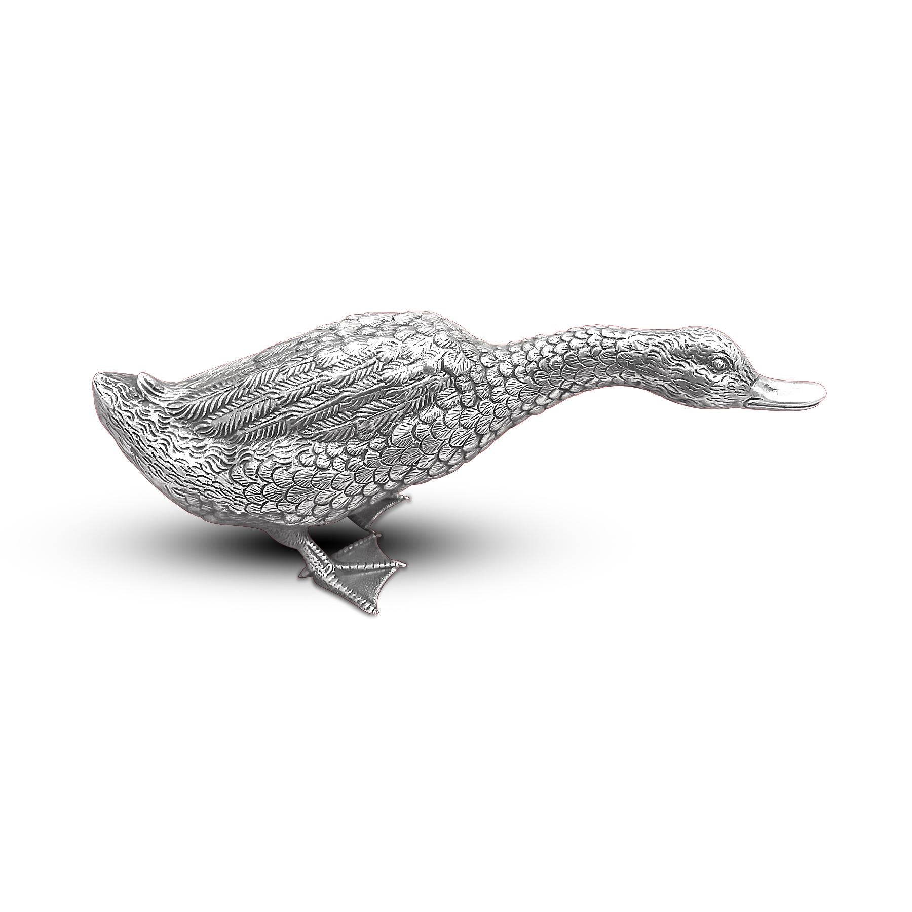 Women's or Men's Extremely Rare Vintage Silver Hand Carved Pair of Ducks Figurines For Sale
