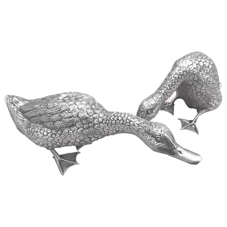 Extremely Rare Vintage Style Silver Hand Carved Pair of Ducks Figurines