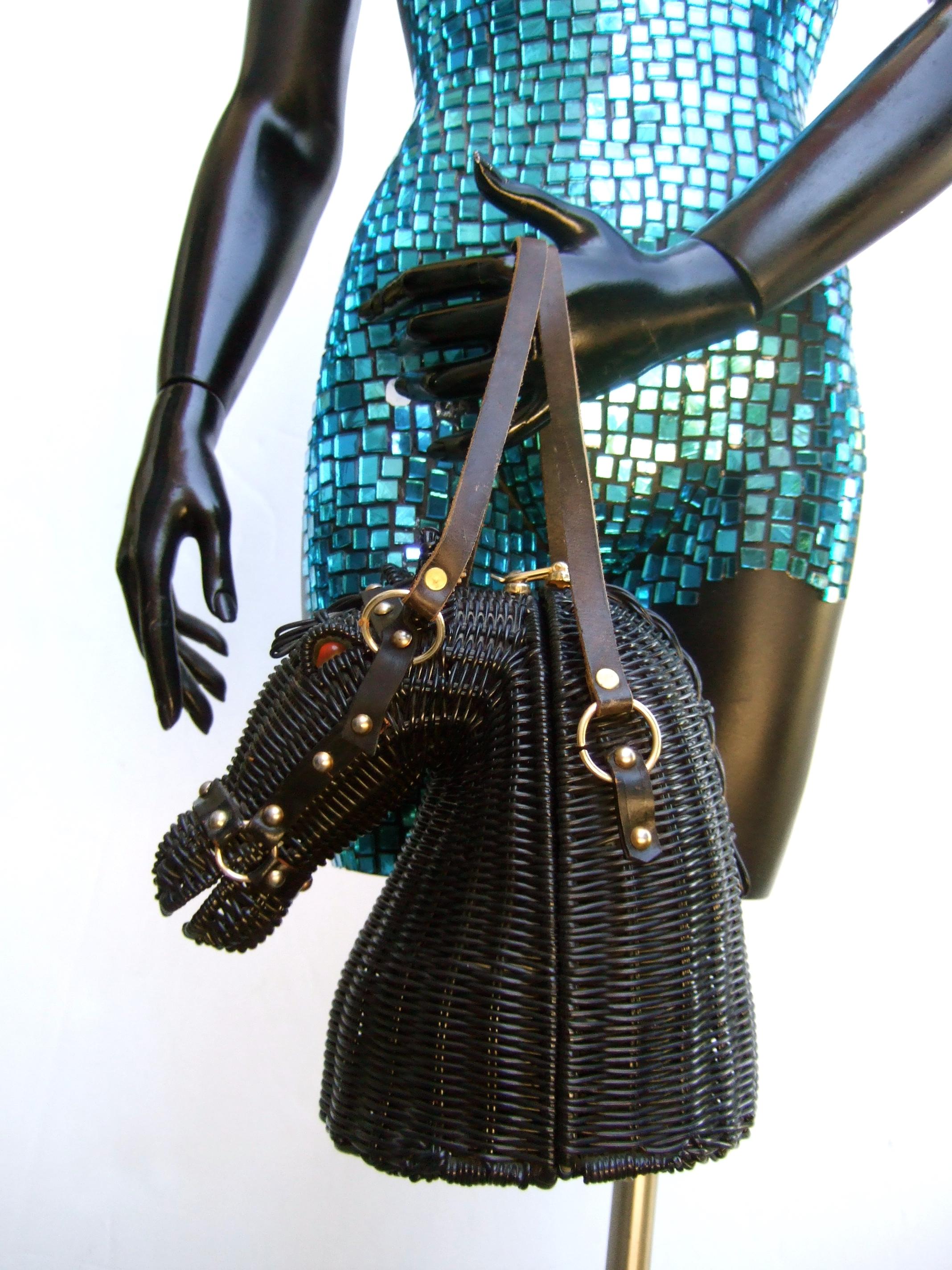 Black Extremely Rare Vinyl Wicker Horse Head Handbag Designed by Marcus Brothers 1970s