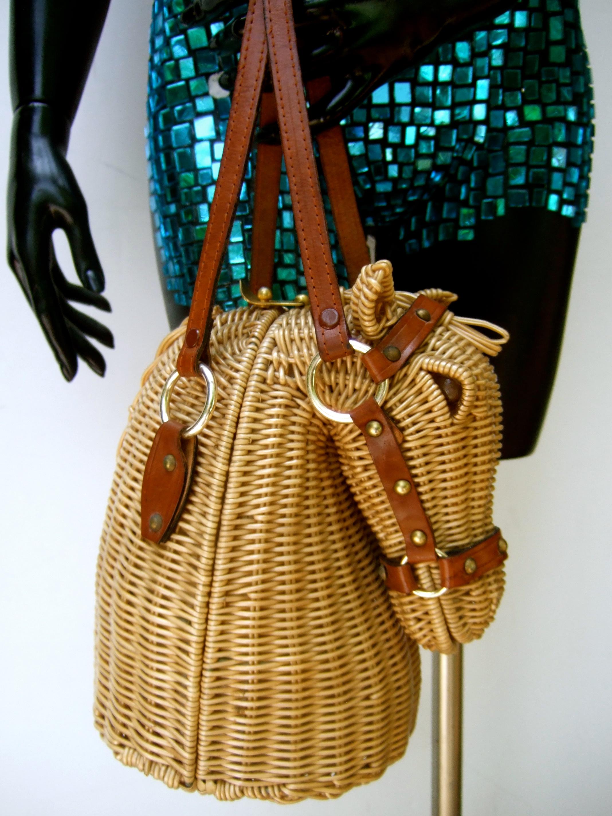 Women's Extremely Rare Wicker Rattan Equine Handbag Designed by Marcus Brothers c 1970