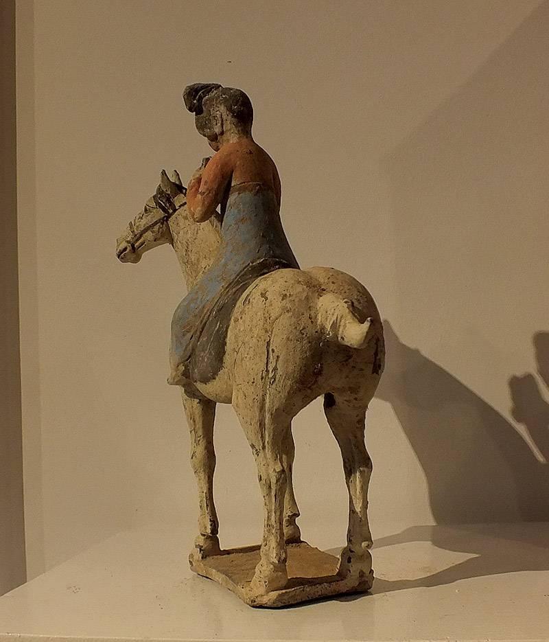 18th Century and Earlier Extremely Rear Painted Pottery Equestrian Musician Palying Pai Xiao