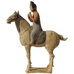 Extremely Rear Painted Pottery Equestrian Musician Palying Pai Xiao