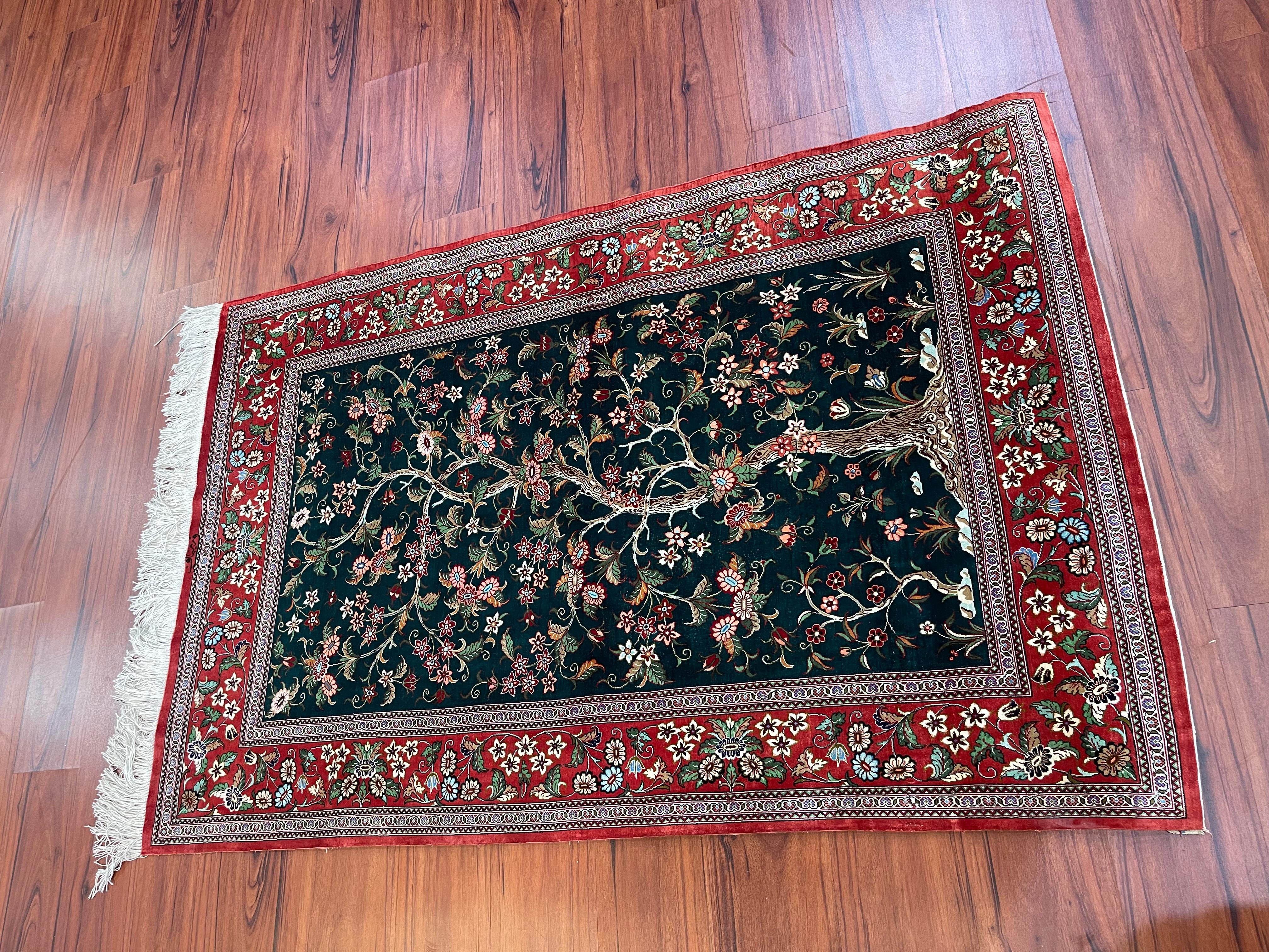 Tabriz Extremely Rug Persian Silk Qum Tree of Life Rug For Sale