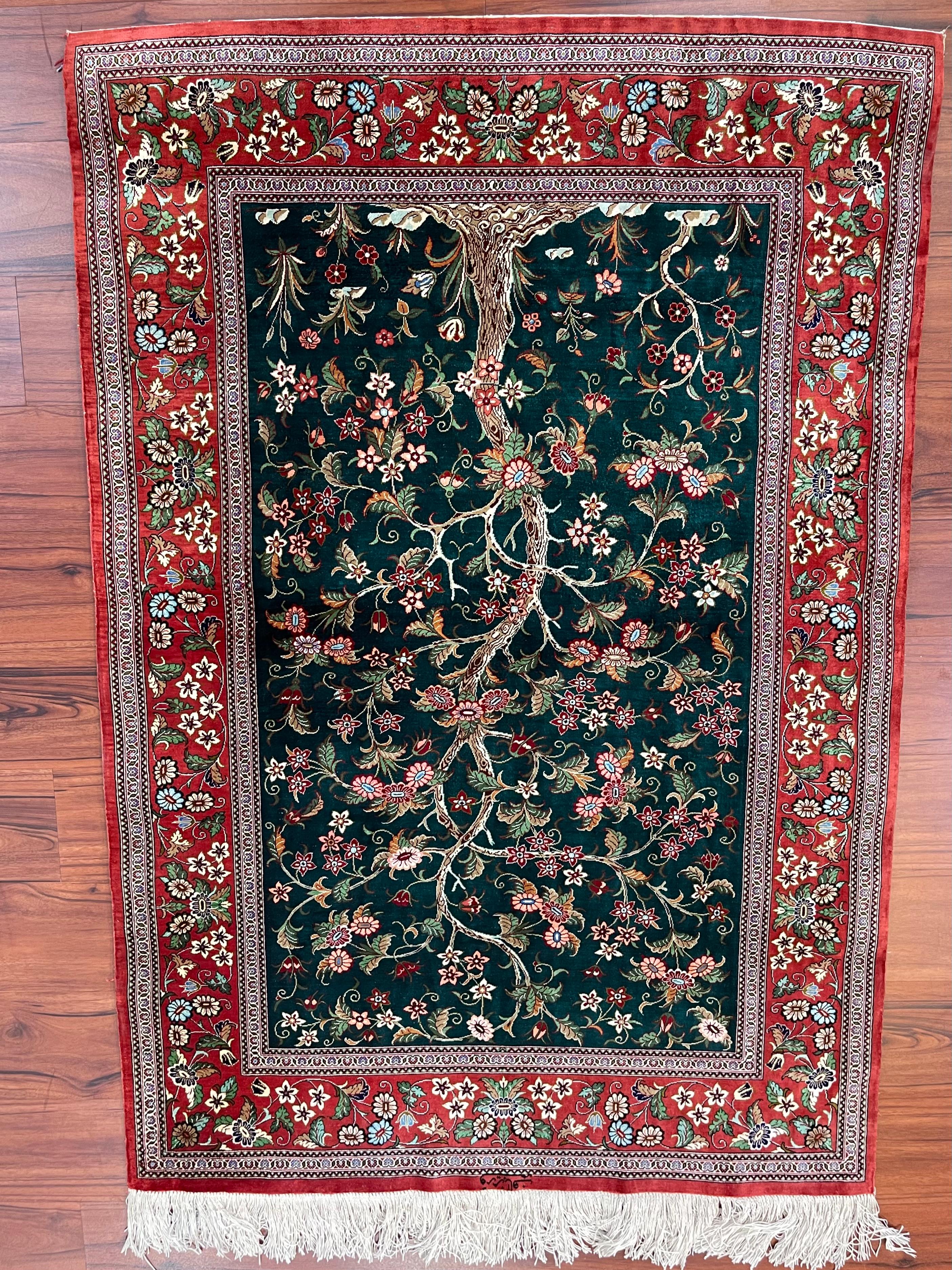 20th Century Extremely Rug Persian Silk Qum Tree of Life Rug For Sale