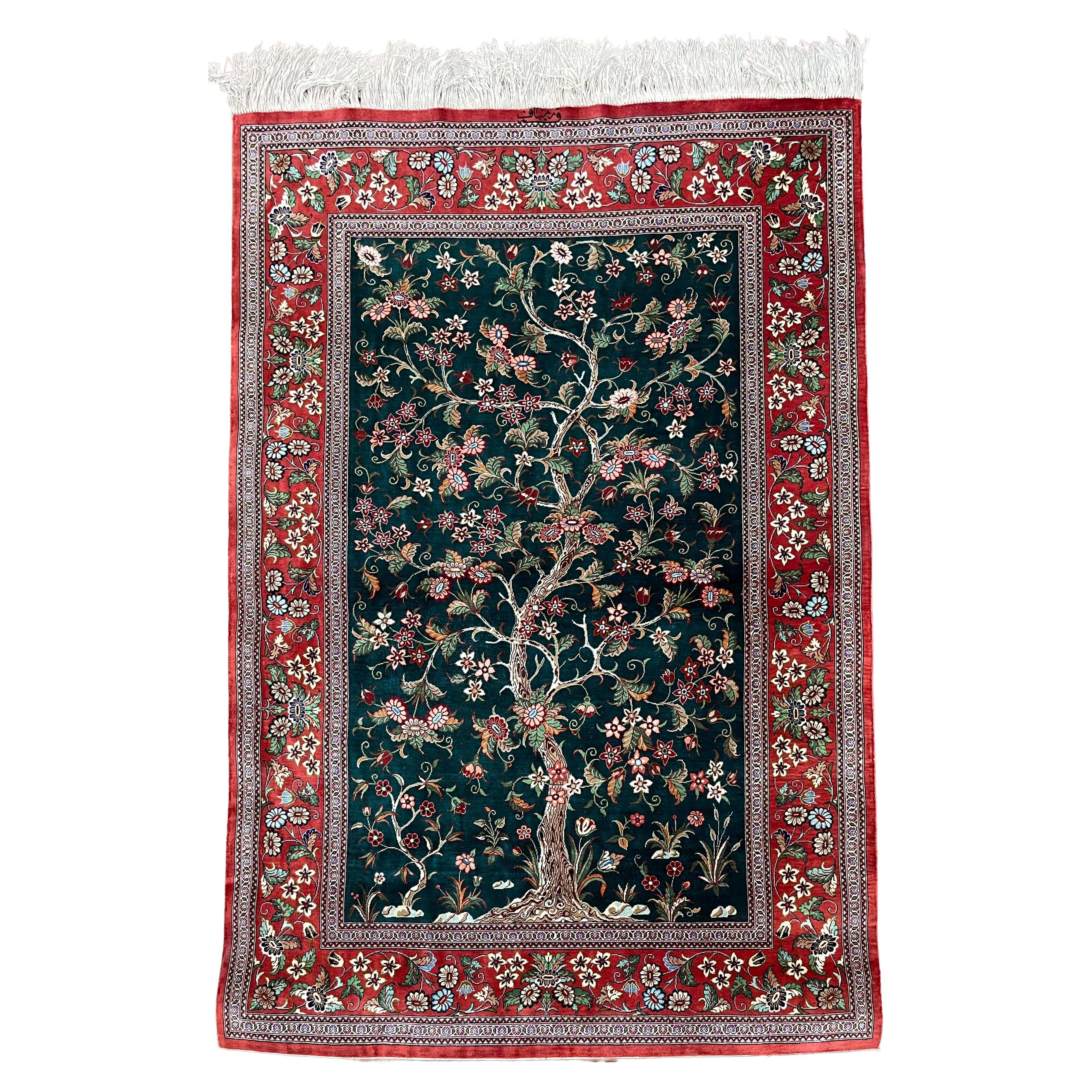 Extremely Rug Persian Silk Qum Tree of Life Rug For Sale
