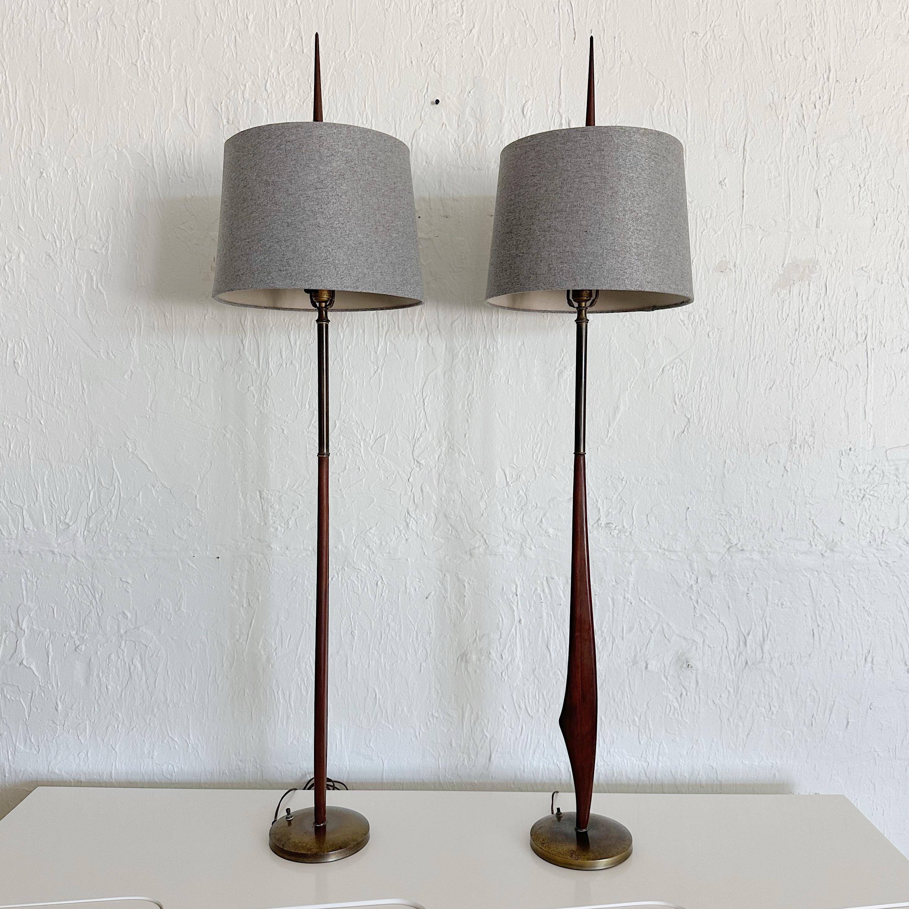 Extremely Tall Mid-Century Walnut and Brass Table Lamps In Good Condition In West Palm Beach, FL
