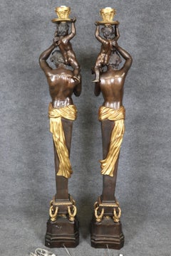 Extremely Tall Pair Finely Cast Dark Bronze and Dore' French Figural Torchieres