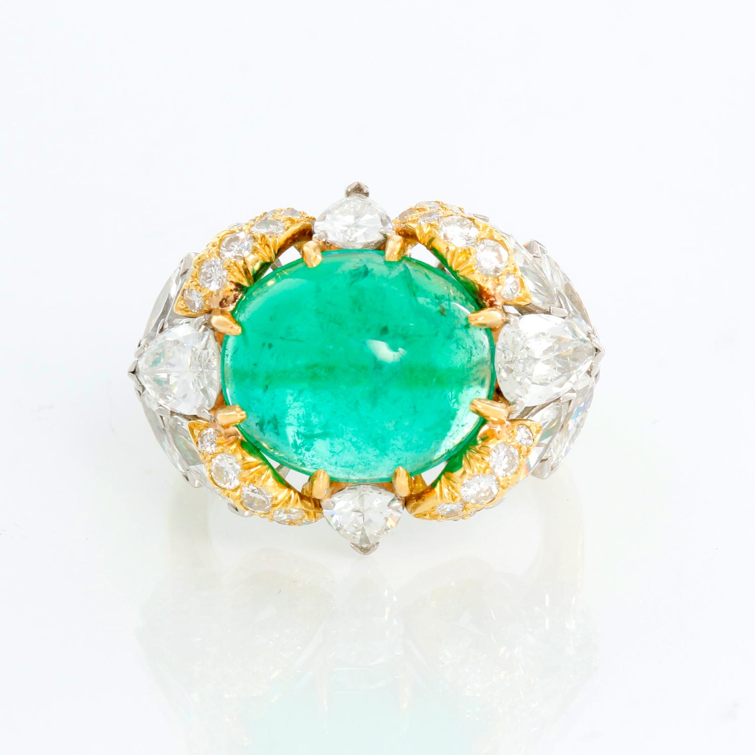 Pear Cut Extremely Unique Cabochon Emerald & Diamond Ring Size 6.5