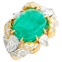 Extremely Unique Cabochon Emerald & Diamond Ring Size 6.5