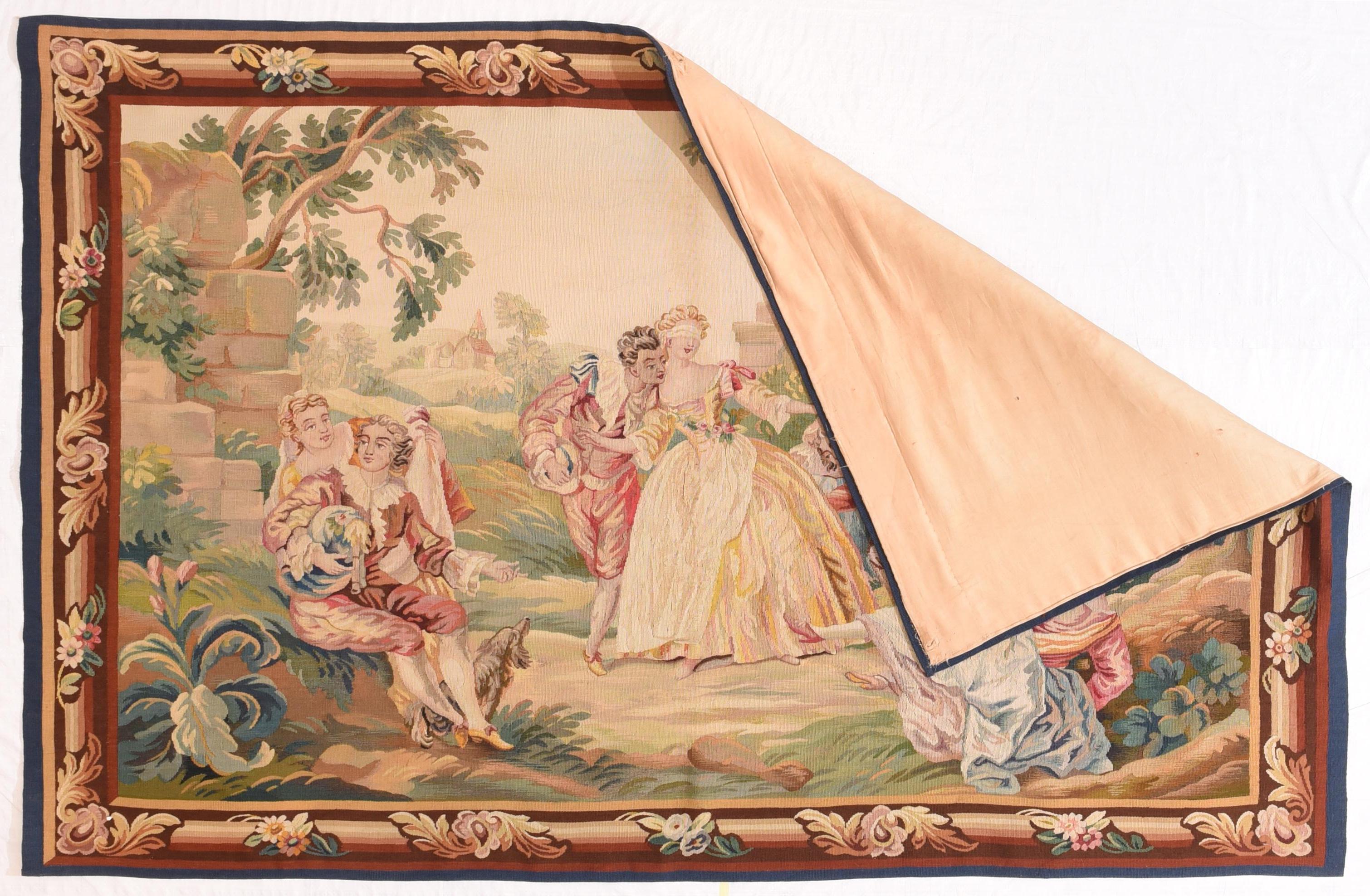 Extremly fine antique Aubusson French pictorial love scene tapestry, hand knotted, circa 19th century

Design: Pictorial ( Wool & Silk ) Love Scene

Tapestry is a form of textile art, traditionally woven by hand on a loom. Tapestry is weft-faced
