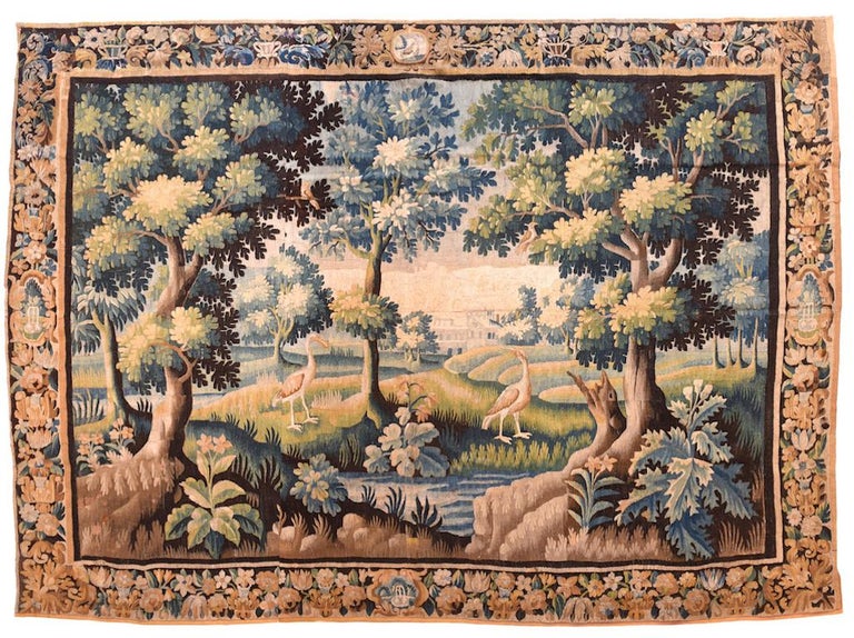 Hand-Knotted Antique French Tapestry Area Rug For Sale