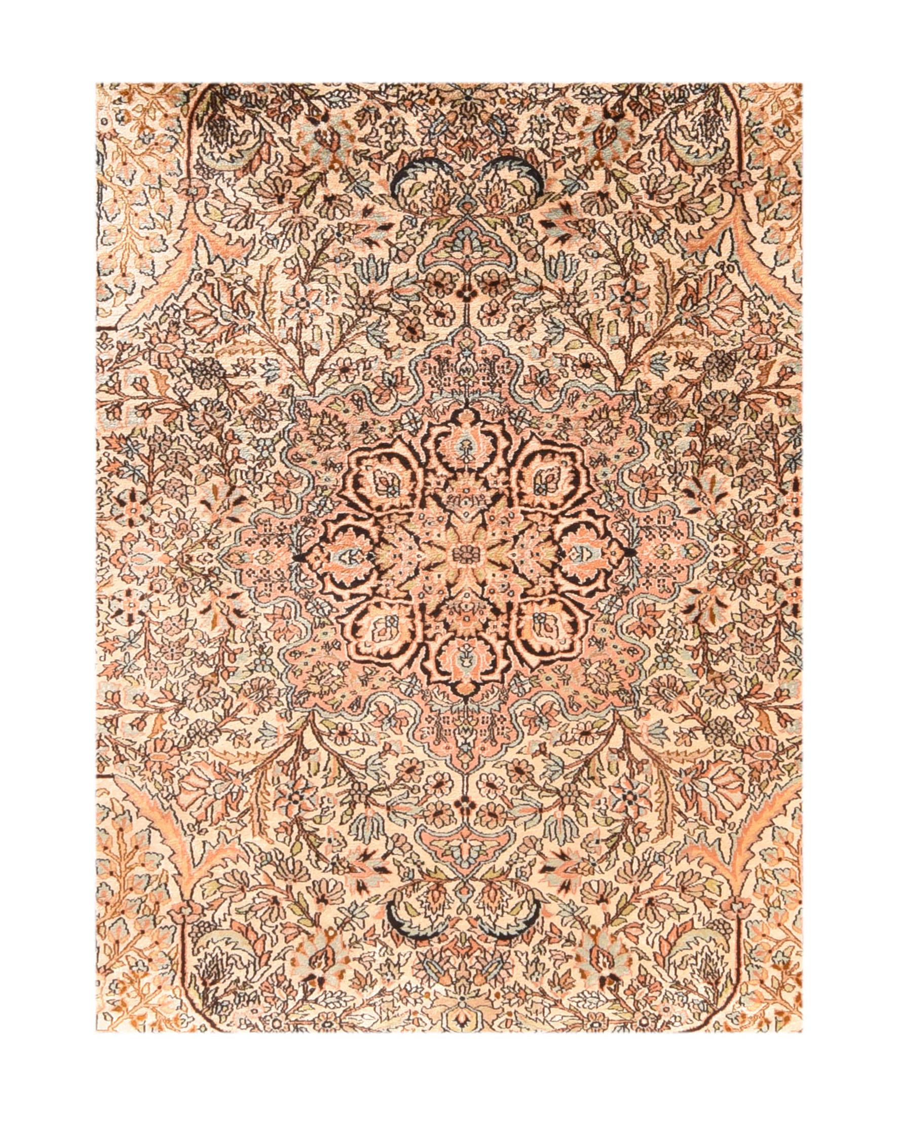 Extremely fine vintage Kashmiri rug, silk on silk, hand knotted, circa 1950s

Design: Medalion

A Kashmir rug is a hand knotted oriental rug from Kashmir which is associated with Kashmiri handicrafts. Kashmir rugs or carpets have intricate